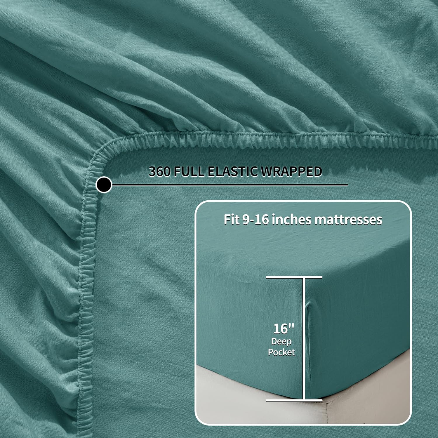 LBRO2M 100% Linen Sheet Set King Size,Bed Sheets 4 Piece Sets,Solid Color Natural Flax Bed Sheets Soft Breathable Bedding,16" Deep Pocket,All Season (King, Aqua) - Image 5