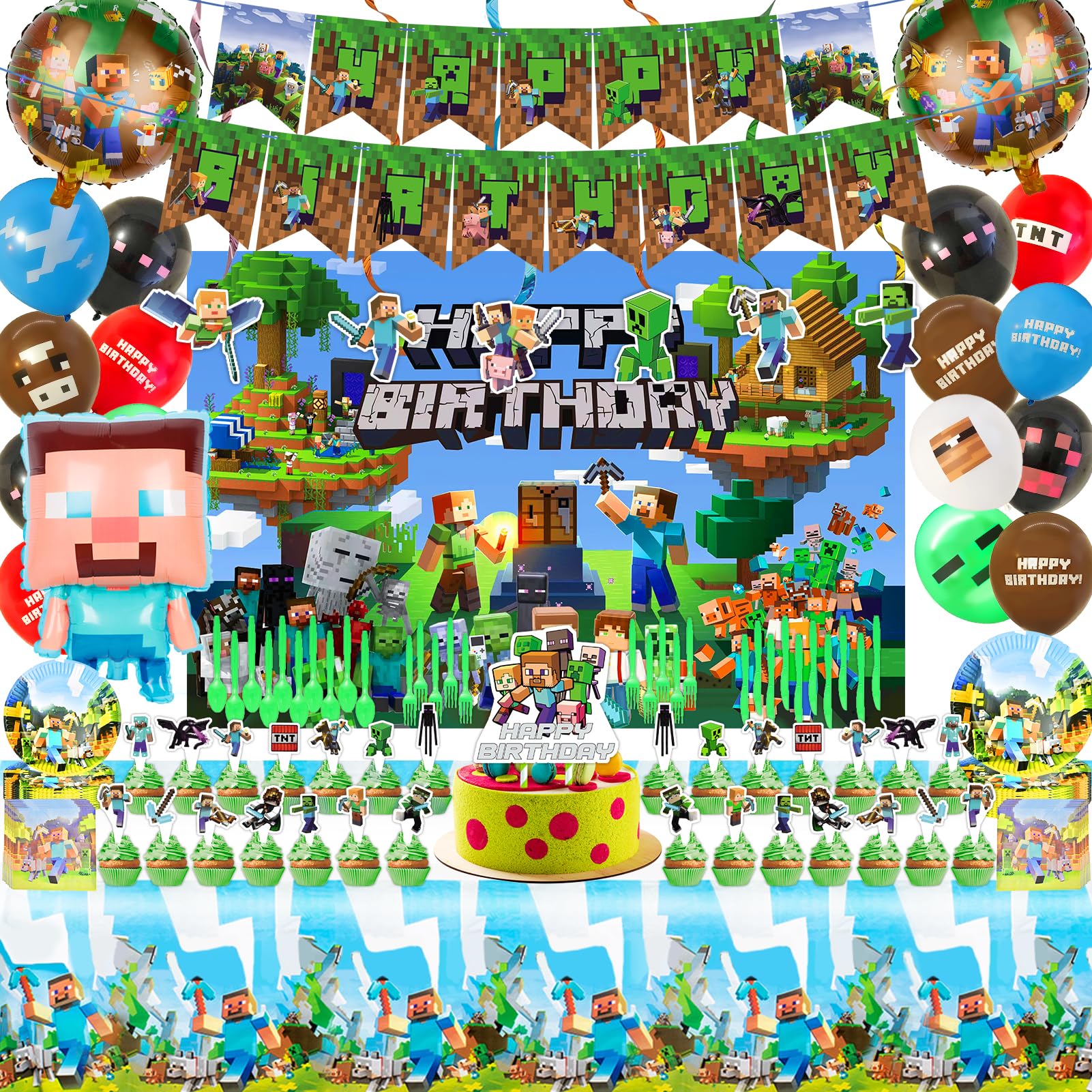 Pixel Birthday Party Supplies - Birthday Party Supplies Decorations - Pixel Party Supplies include Banner, Backdrop, Tablecloth, Cake Toppers, Balloons, Hanging Swirls