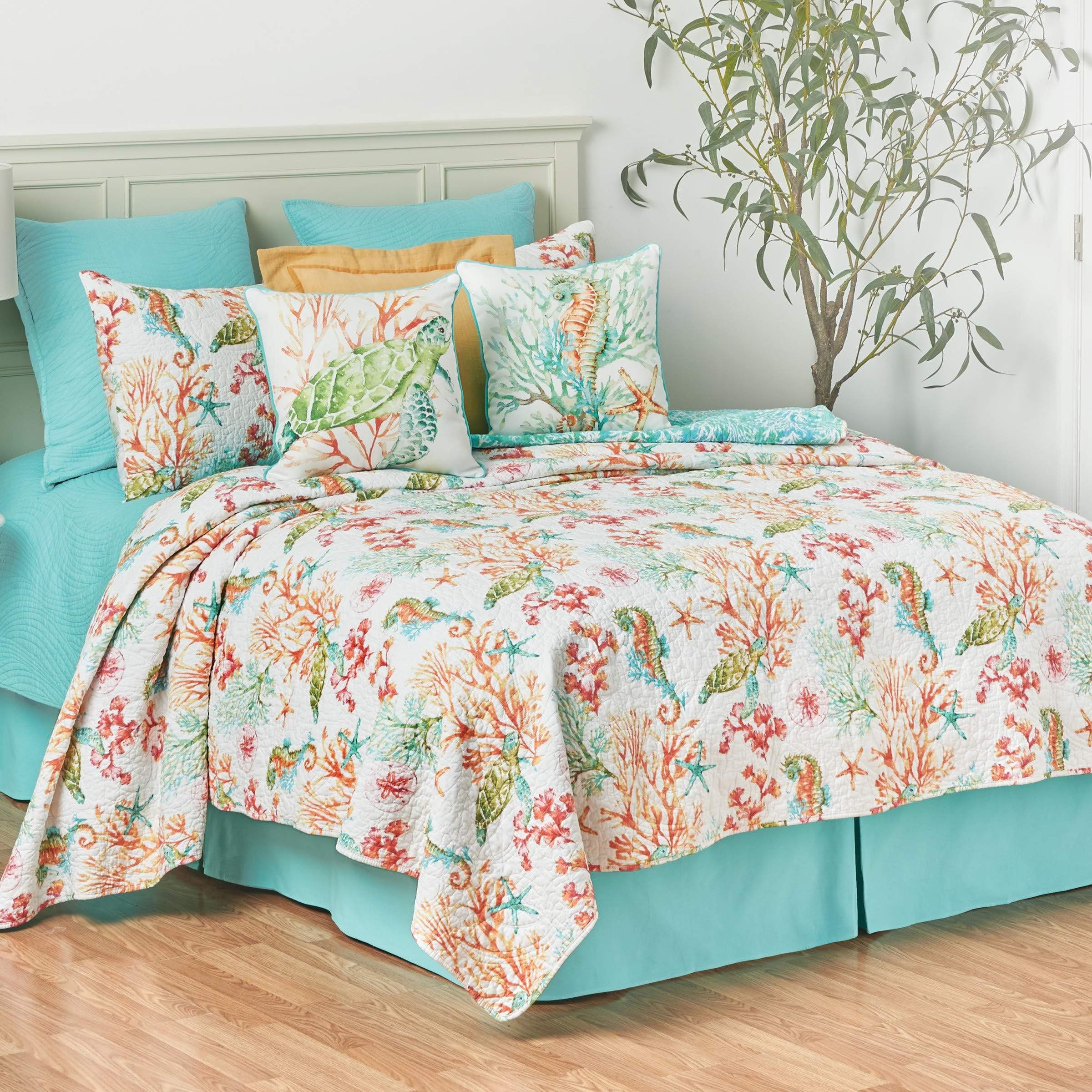 C&F Home Chandler Cove Full/Queen Bed Cotton Quilt Set Reversible Bedding Seahorse Sand Dollar Coral Beach Ocean Coastal Nautical Full/Queen 3 Piece Set Blue