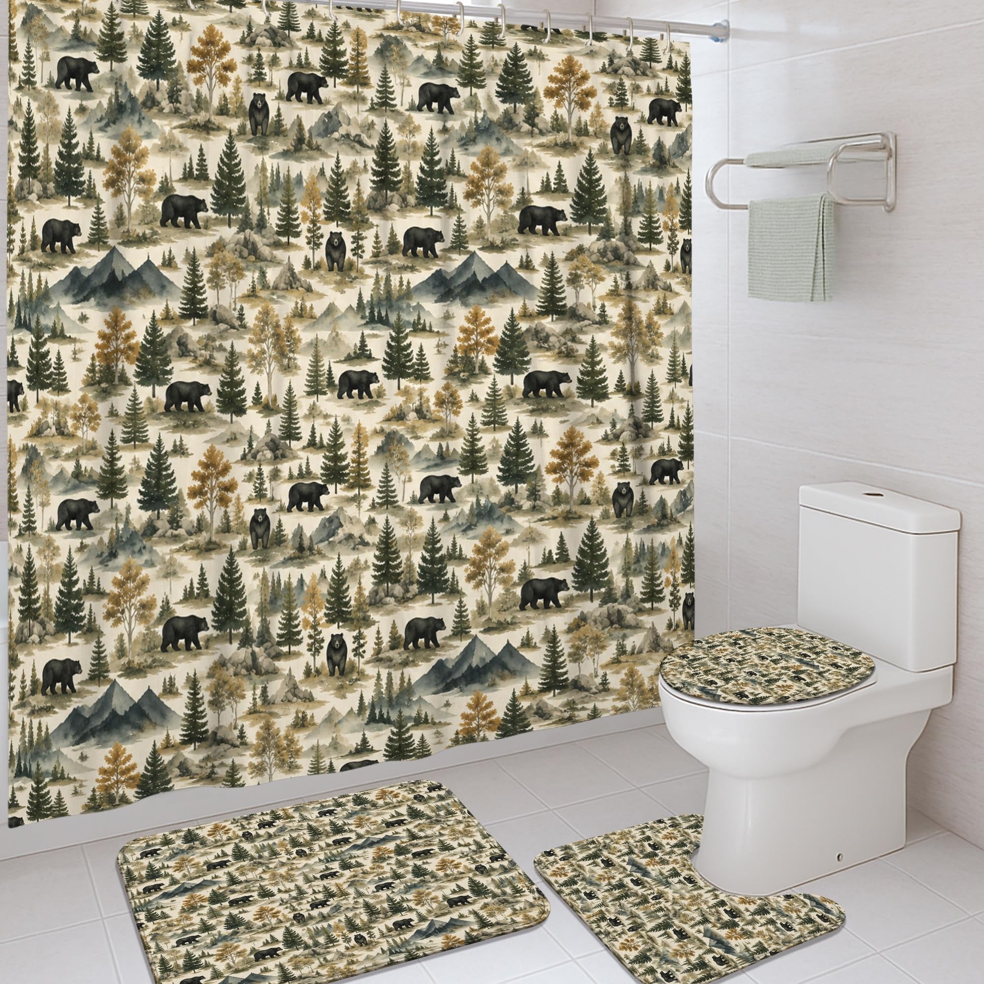 Ensemble de rideaux de douche vert automne au style chalet de montagne
