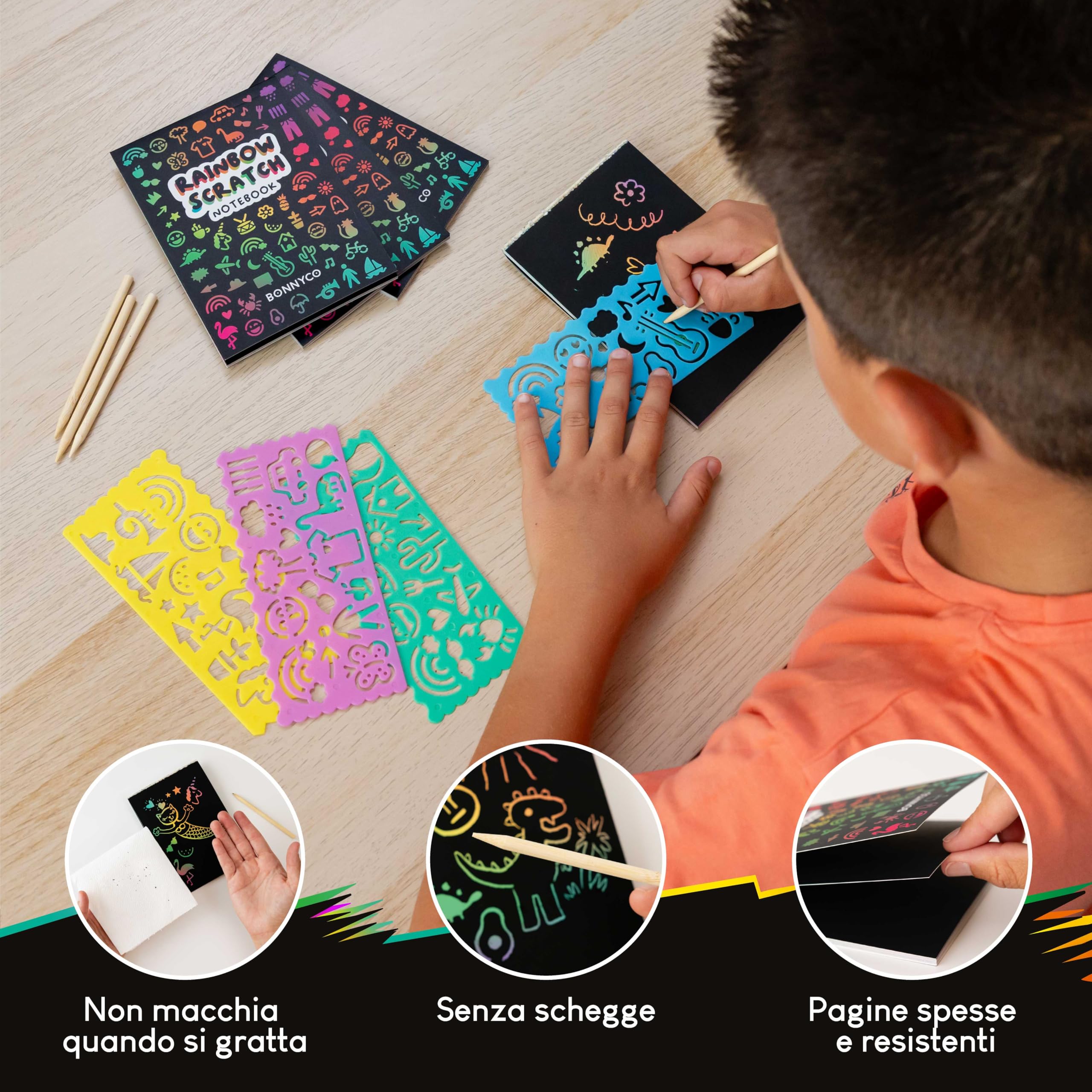 BONNYCO Scratch Art Bambini, 16 Set con Quaderno da Grattare, Stencil e Penna in Legno. Gadget Compleanno Bambini, Regalini Fine Festa. Premi e Pensierini per Alunni 3-12 Anni