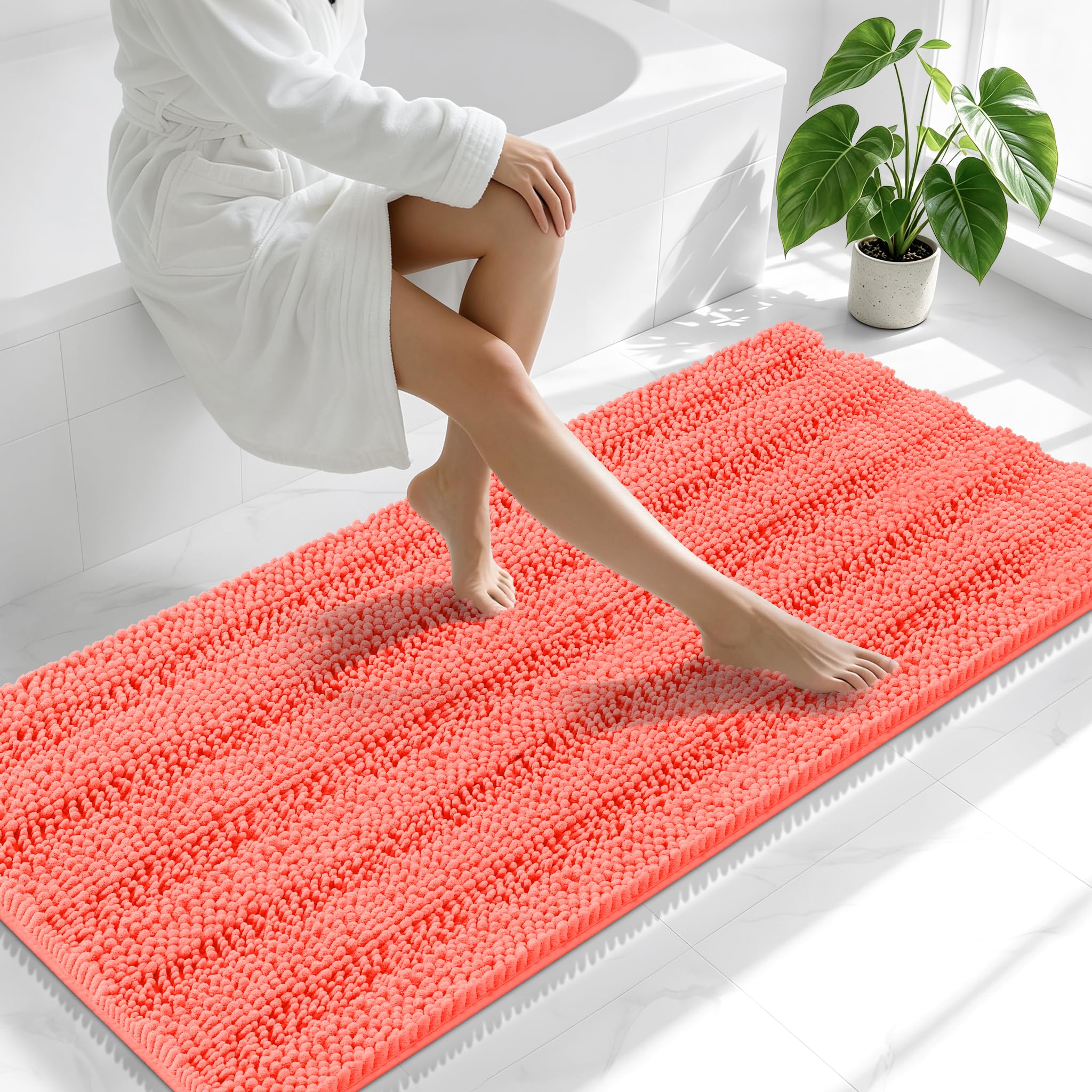 Smiry Thick Chenille Bathroom Runner Rugs 59x24, Absorbent Bath Mat, Coral