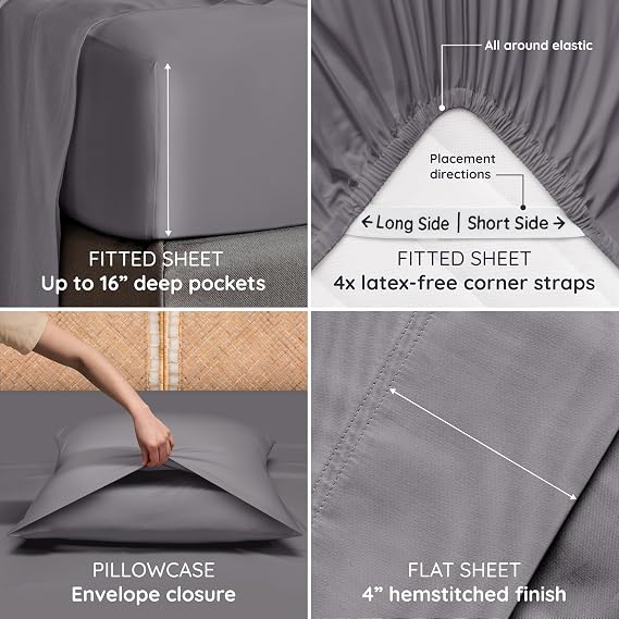 Bambaw 100% Viscose Derived from Bamboo Queen Sheet Set 4pcs Soft Bedding Set, Deep Pocket Queen Cooling Sheets Fits Up to 16'' with Elastic Corner Straps (Dark Gray)