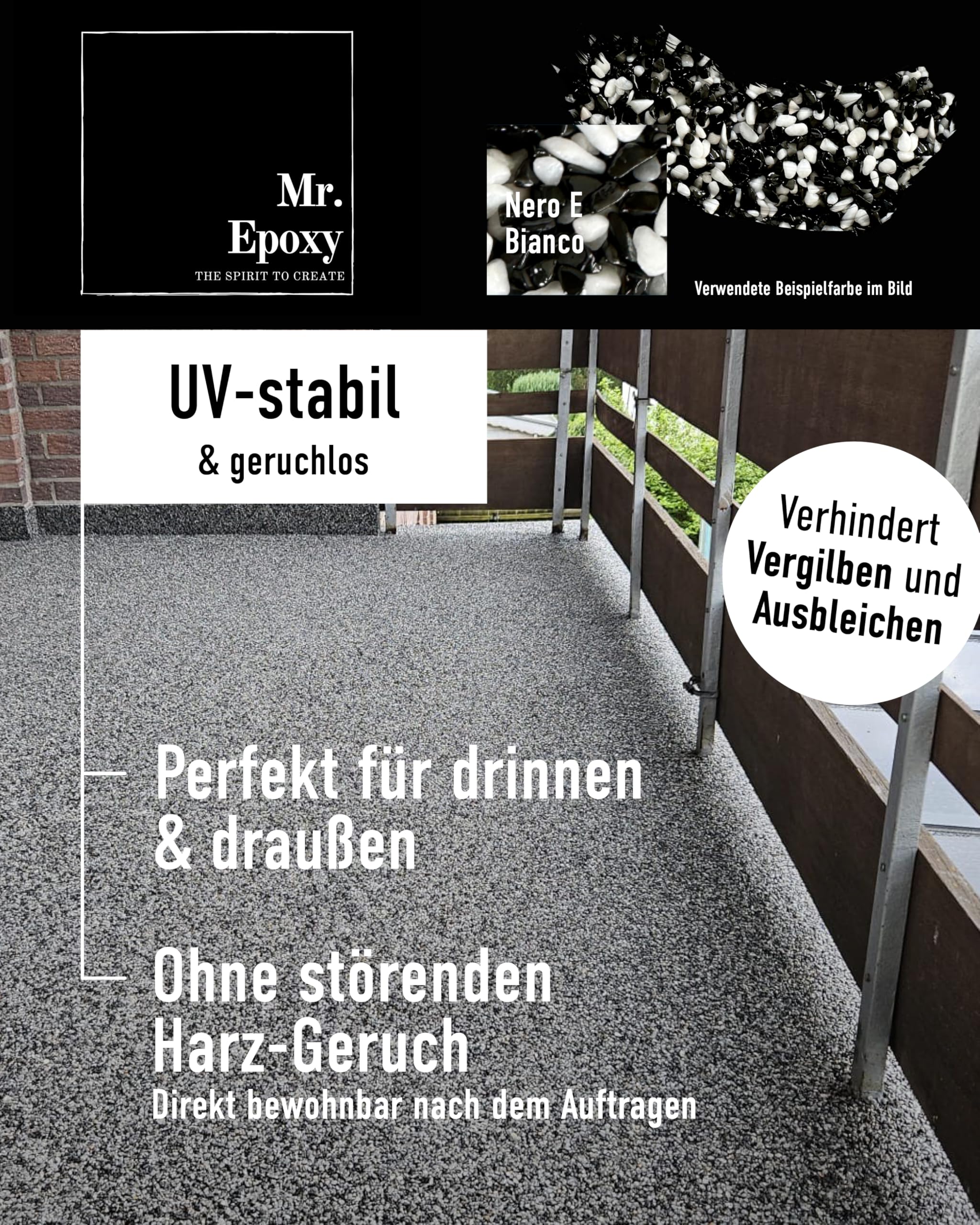 Steinteppich für Außen & Innen Komplettset (25kg Kies + 1,3kg Bindemittel) - UV-Stabil & Geruchsneutral - Buntsteinputz mit Versiegelung als Bodenbelag (Crema)