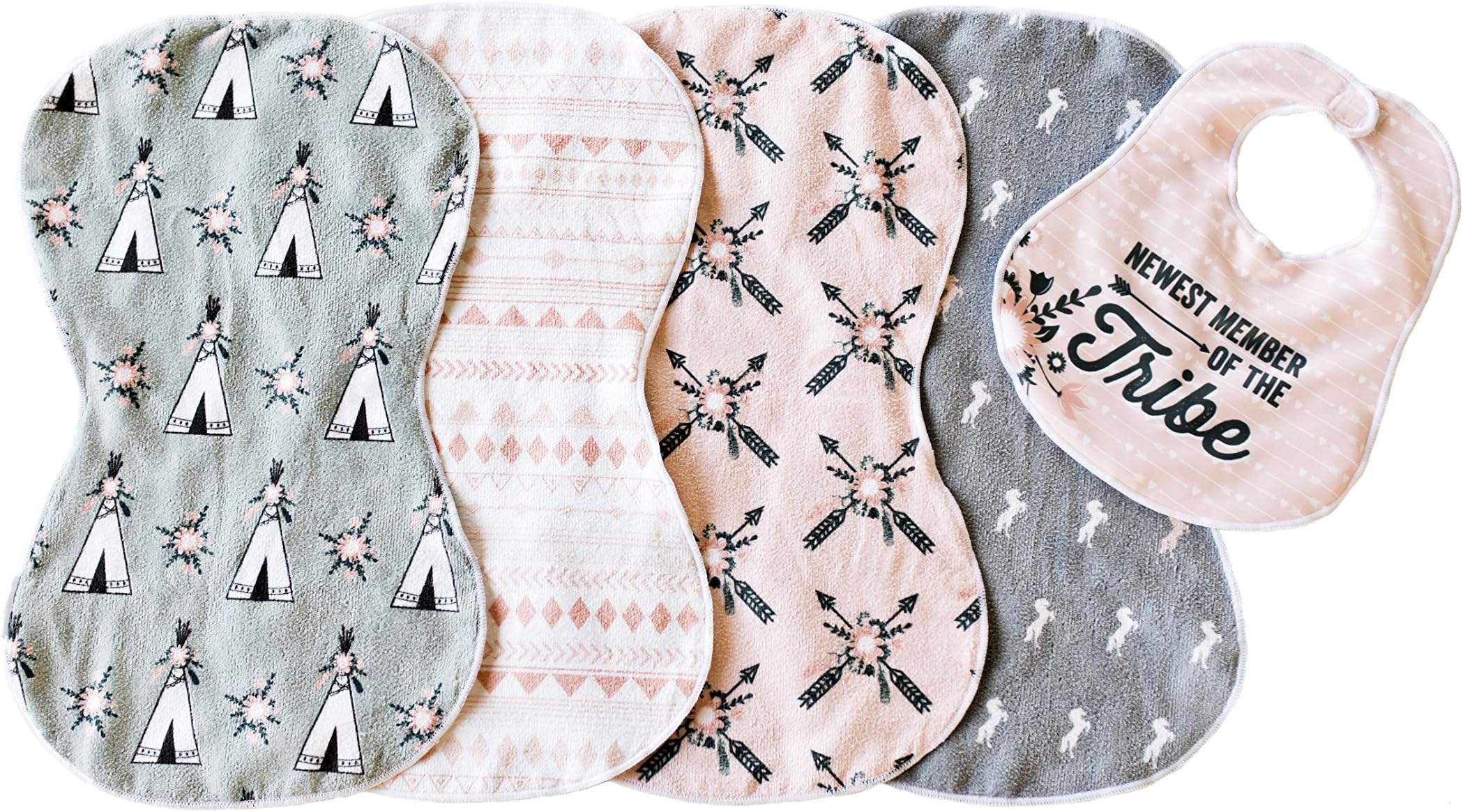 Imperfect Penelopy Baby Burp Cloths and Bib for Girls, 4 Double Sided Microfiber Terry Burp Cloths and Matching Bib, Extra Large, Burping Rags for Newborns, Soft & Absorbent