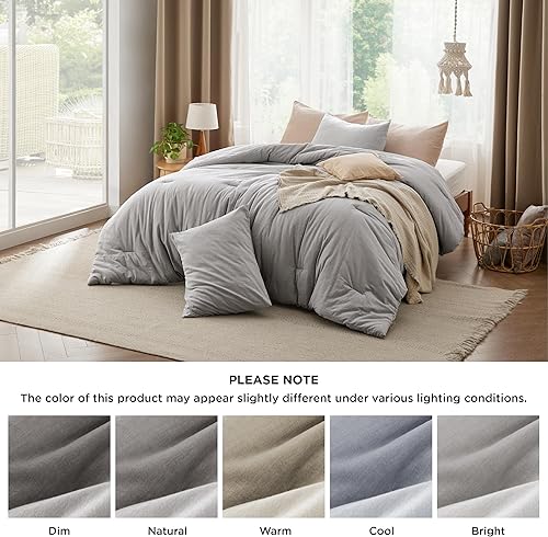 Miniatura 5 de Bedsure Juego de edredón tamaño Queen  Tela de algodón con relleno interior de microfibra, juego de cama suave color piedra gris para todas las