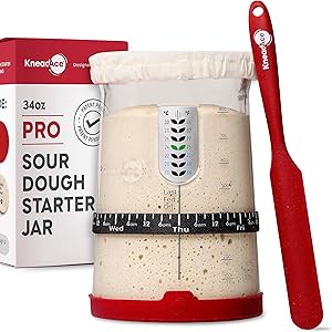 Pro Sourdough Bread Starter Kit- 34 oz Large Capacity Sourdough Starter Jar with 5 unique features for the perfect sour dough bread & sourdough starter kit- sourdough bread baking supplies