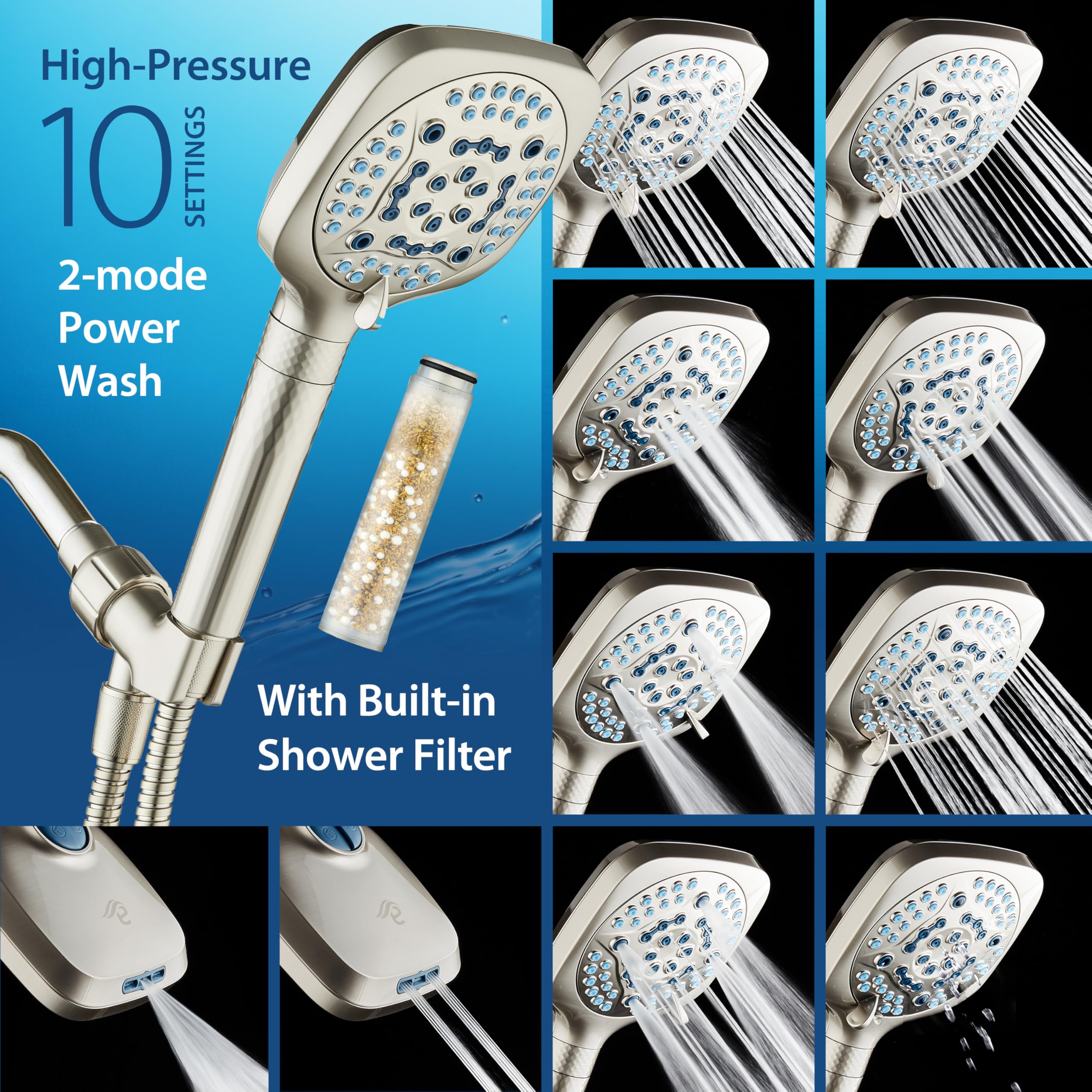 AquaCare 4X High Pressure 10 Spray Mode Filtered Showerhead