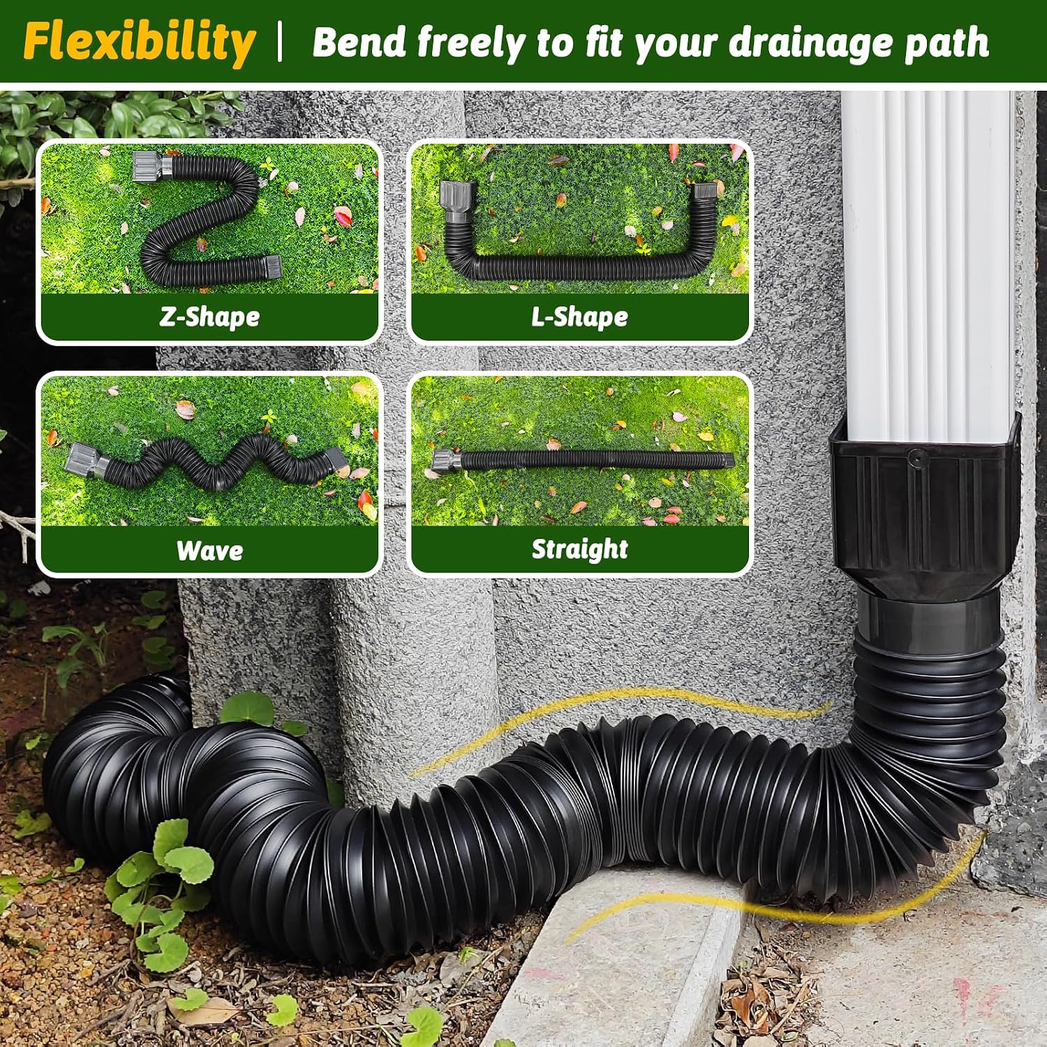 2 Pack Gutter Downspout Extensions 138" with Filter, Corrugated Flexible Gutter Pipe, Rain Diverter, Down Spout Drain Extension, Extendable from 31.5" to 138", Screws for Included, Black