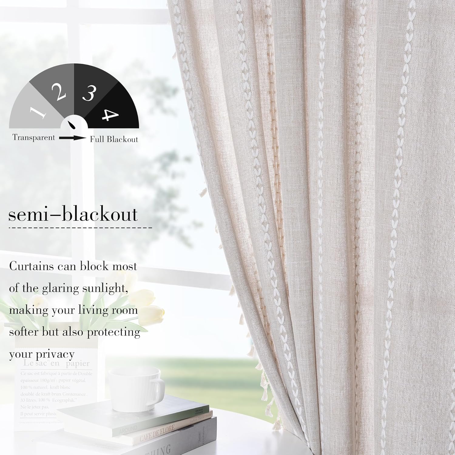 2 Panels Boho Farmhouse Curtains for Bedroom Living Room Semi Blackout Striped Curtains Cotton Linen Window Curtain Panel, Bohemian Chic Tassel Curtain Drapes, 55" W x 84" L,Coffee