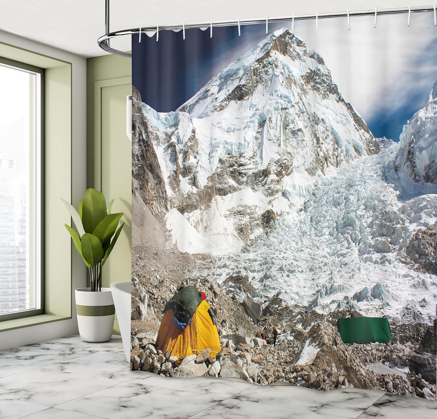 Ambesonne Camper Shower Curtain, Everest Peak Base Camp Scenery on Snowy Mountain Climbing ICY High Peaks Art Image, Cloth Fabric Bathroom Decor Set with Hooks, 69" W x 70" L, White Grey