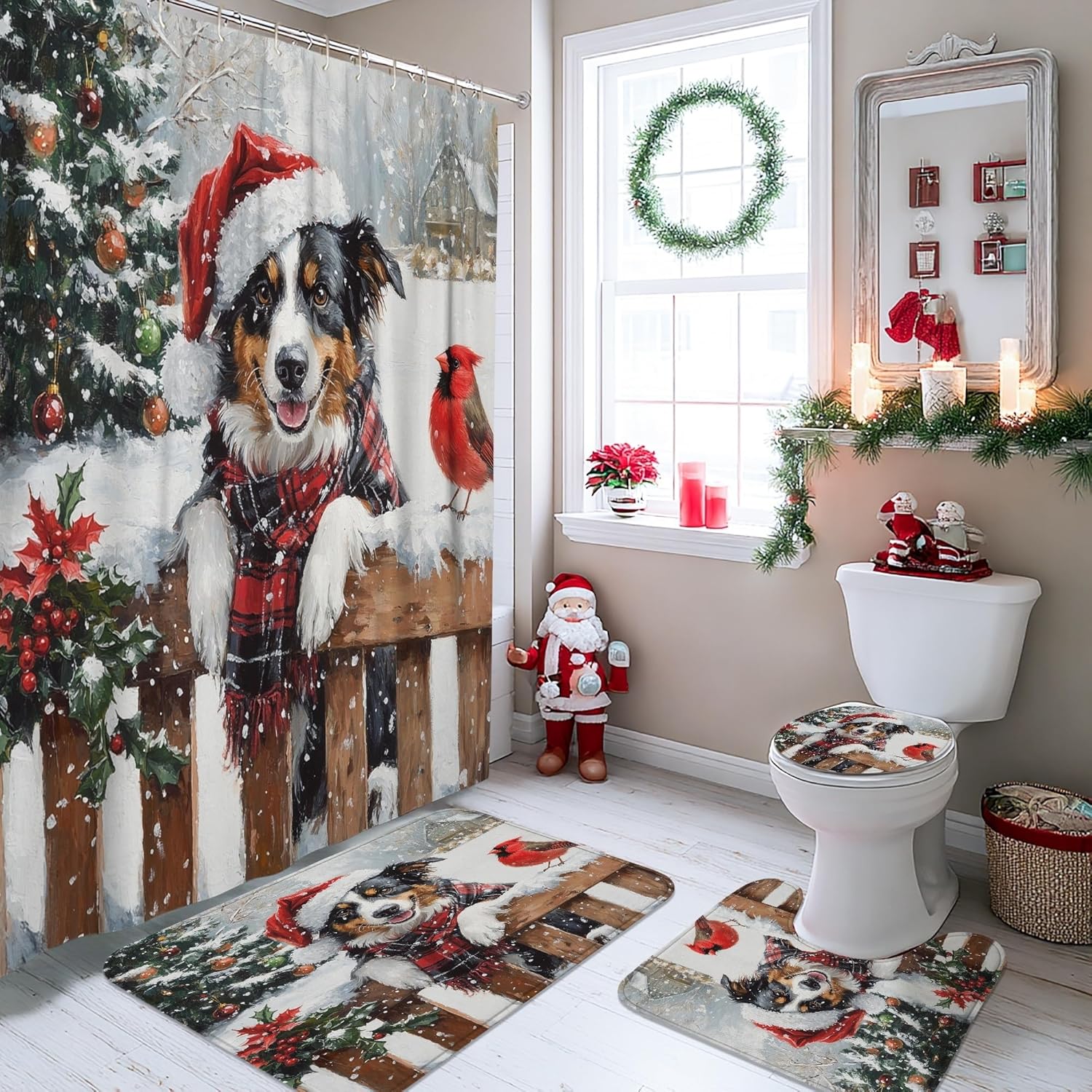 4PCS Christmas Australian Shepherd Dog Bathroom Sets with Non-Slip Rug, U Shape Toilet Lid Cover Mat, Xmas Farm Cardinal Puppy Bathroom Decoration 72''x72''