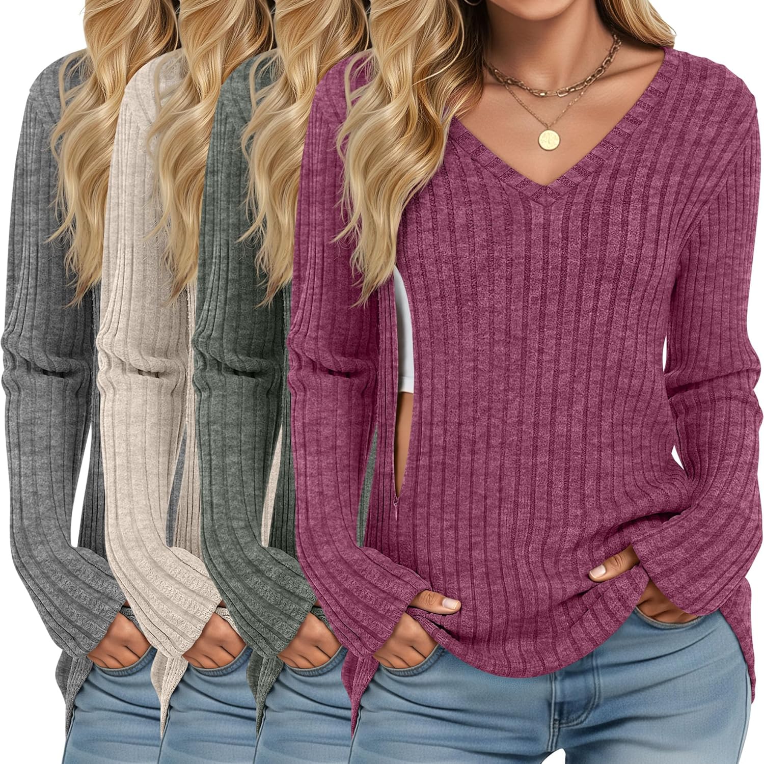 Yearntown 4 Pack Women's Maternity Nursing Tops, V Neck Breastfeeding Sweaters Long Sleeve Hidden Zipper Shirts