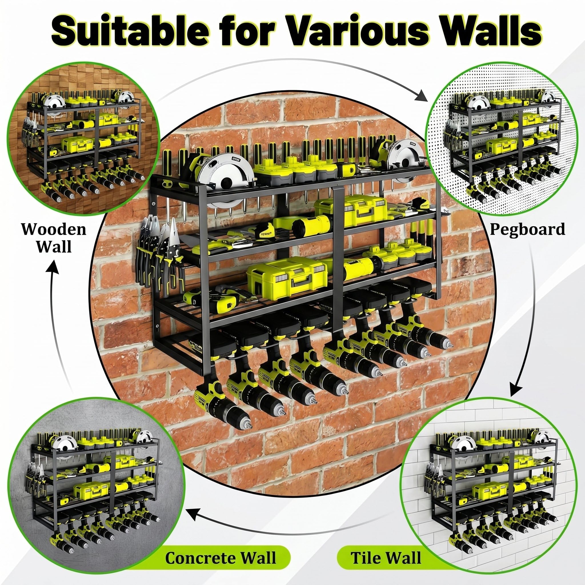SOONHUA Organizer per Utensili Elettrici da Parete a 4 Strati, Portautensili in Ferro con 8 Scomparti per Trapano, Supporto per Pinze e Martello, Scaffale per Garage e Officina (81x41x20 cm, Nero)