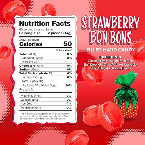 Miniatura 2 de Strawberry Bon Bons | Bolsa de 2 libras | Caramelo duro envuelto individualmente | Caramelos rojos a granel a granel a la antigua con relleno dulce