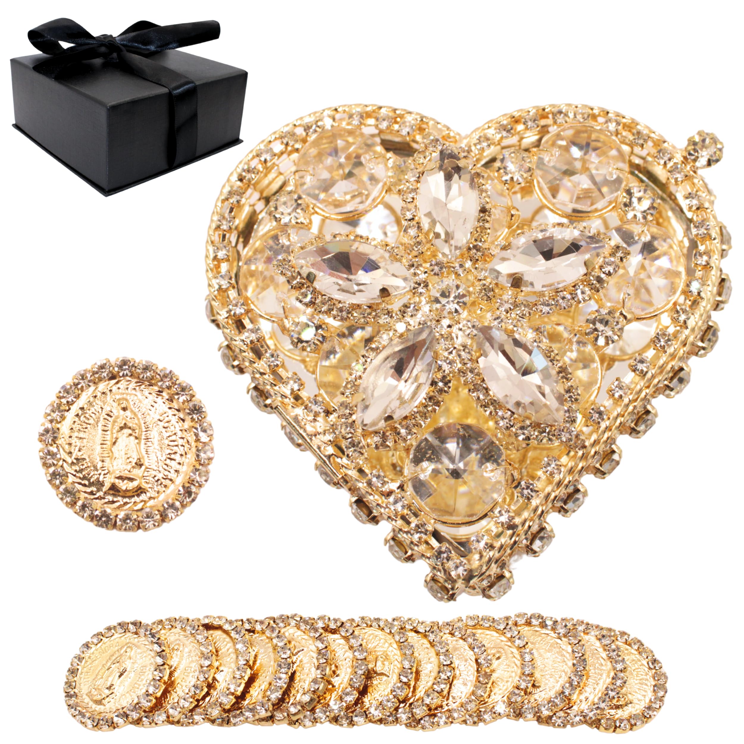 Nuestra Fe Arras de boda católica con nuestra virgen de Guadalupe en una caja de regalo, juego de 13 monedas - arras de matrimonio - arras de boda - monedas de boda - Arras para monedas de boda católicas -