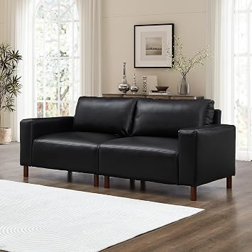 GDFStudio 79 Big Loveseat Sofa, Mid-Century Modern Faux Leather PU 2 Seat Sofas & Couch, Upholstered Deep Seat Sofa with Solid Wood Legs, Breathable Armrest Accent Sofa for Living Room Bedroom, Black