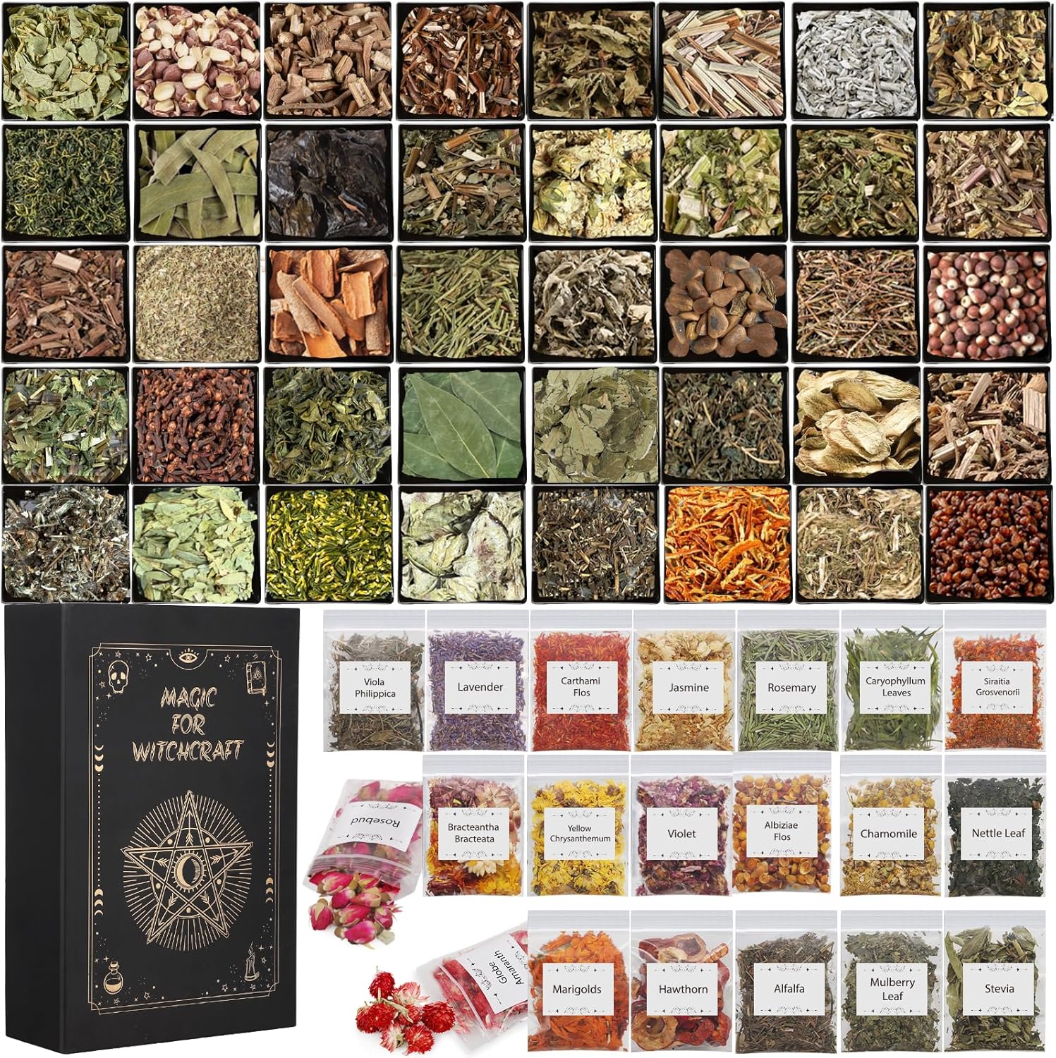 HNSHAG 60 PCS Witchcraft Herbs Set,Bulk Dried Flowers for Witch Candles Spells,Wiccan Supplies Tools,Pagan Altar Rituals,Lavender Rose Sachet DIY Craft Accessories,Gifts for Witchy Beginner Friends