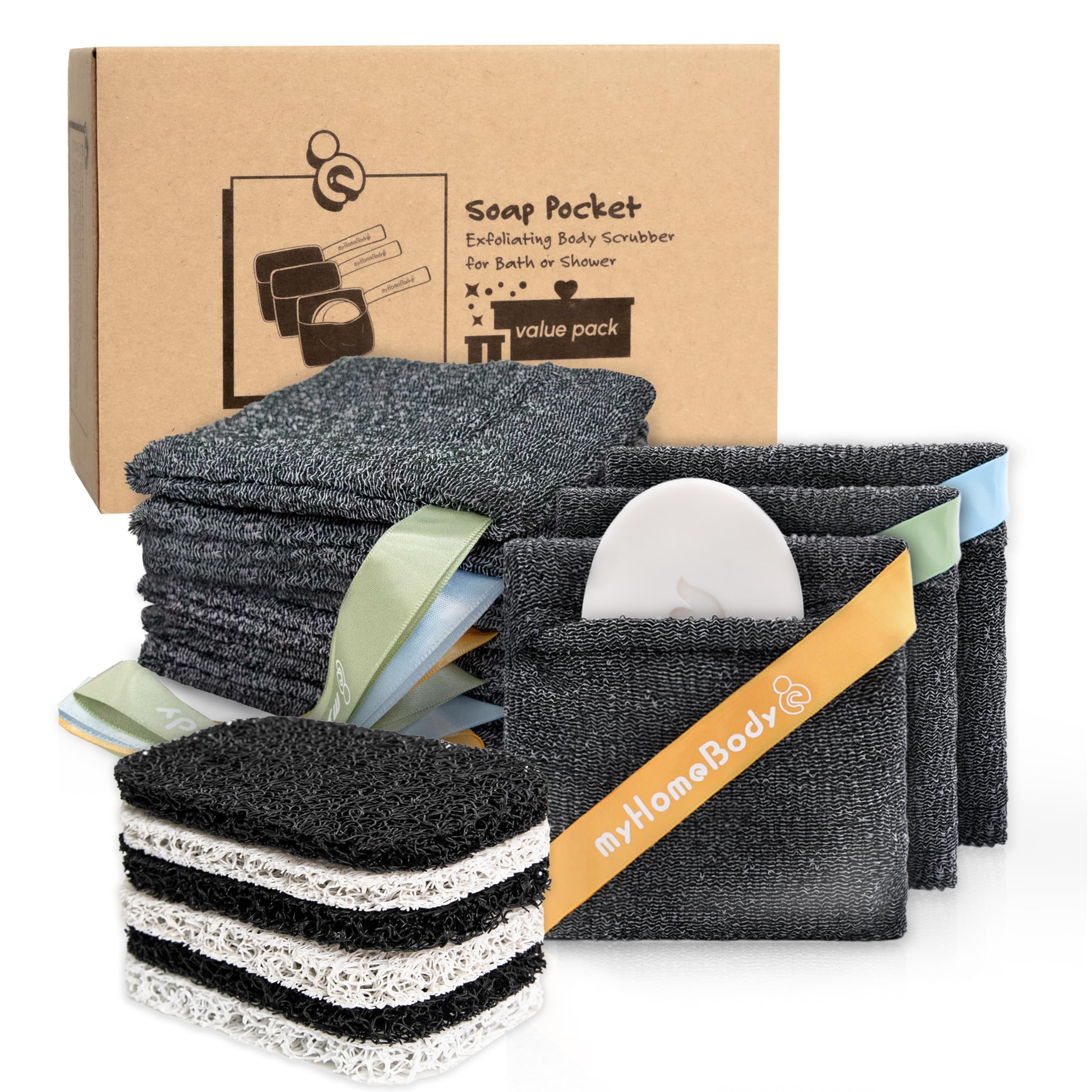 myHomeBody Soap Pocket Squares Exfoliating Pouch, Body Scrubber, Exfoliator Sponge for Bath or Shower, or Leftover Bits Saver, Graphite Gray, 9 Pack +