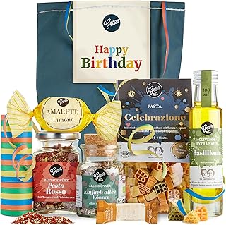 Happy Birthday Geschenkset - Gepp’s Feinkost I Überraschungstüte gefüllt mit handgemachter Pasta, Pesto-Rosso Gewürz, Bio Alleskönner Gewürz & Basilikumöl I Gourmet Geschenk-Set