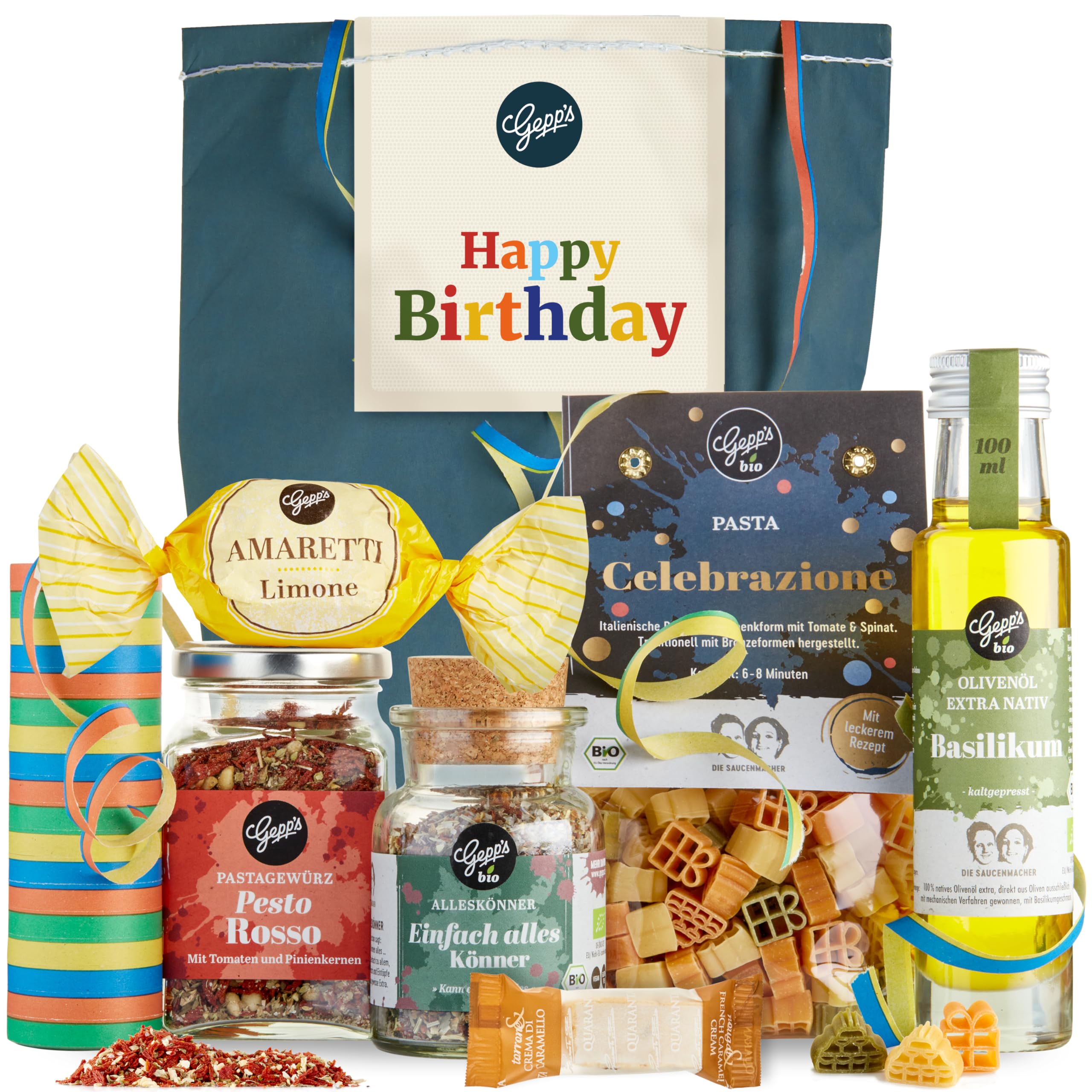 Gepp’s Feinkost Happy Birthday Geschenkset Gourmet Geschenk-Set mit handgemachter Pasta, Pesto-Rosso Gewürz, Bio Alleskönner Gewürz & Basilikumöl