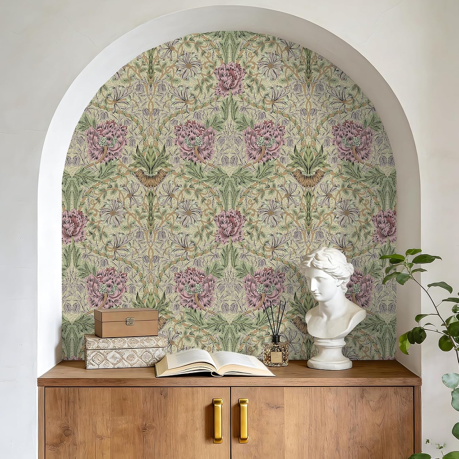 VEELIKE Retro William Morris Honeysuckle Wallpaper Vintage Floral Peel and Stick Wallpaper 17.7''x354'' Self Adhesive Renter Friendly Victorian Flower Wall Mural for Bedroom Bathroom Accent Walls