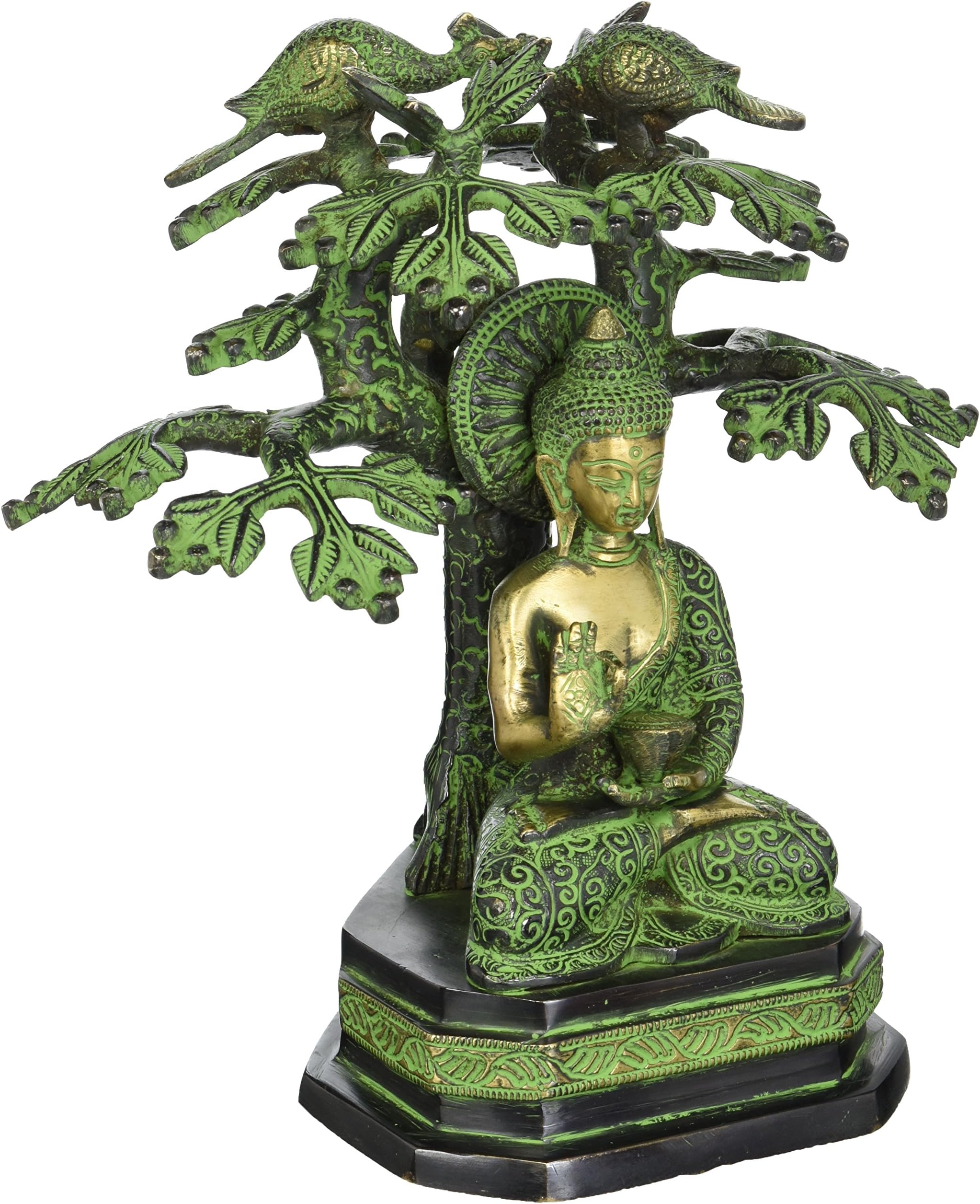 AapnoCraftVintage Tree Buddha Statue - Brass Handmade Thai Buddha Sculpture Buddha Sitting Under Tree Yin Figurine Feng Shui Gifts