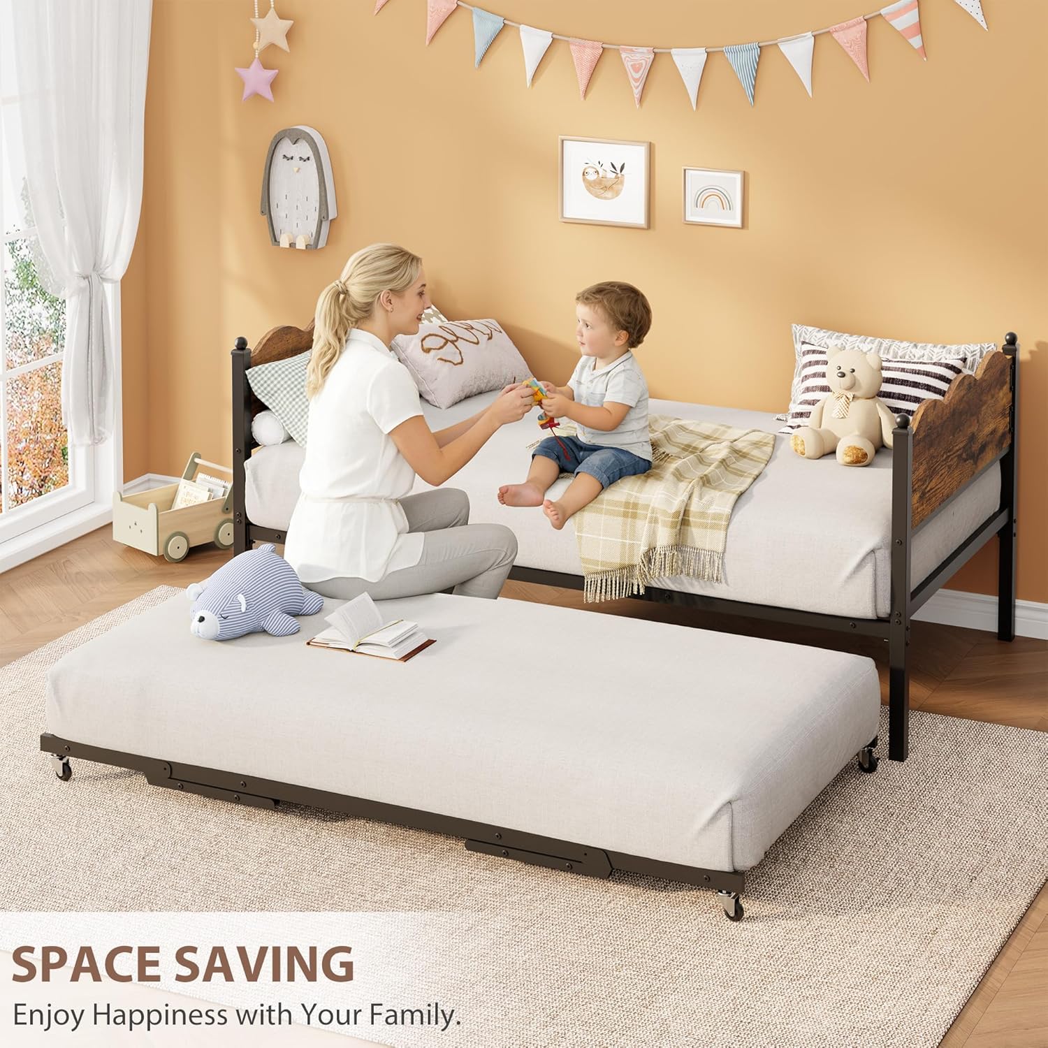 IDEALHOUSE Twin Daybed with Trundle, Day Bed with Industrial Wood Grain Headboard, Steel Slats Support & Lockable Casters, Space-Saving & Multifunctional, Easy Assembly for Living Room, Bedroom, Brown