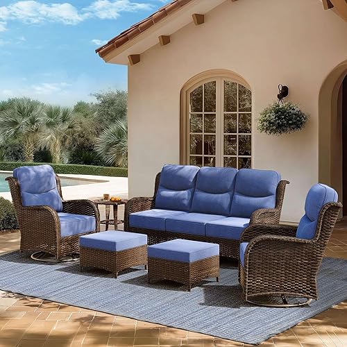Patio Furniture Set with 6-Inch Thick Cushions, 6PCS High Back Outdoor Couch and Swivel Rocker Chairs, Wicker Conversation Set for Porch, Deck, Yard in Blue