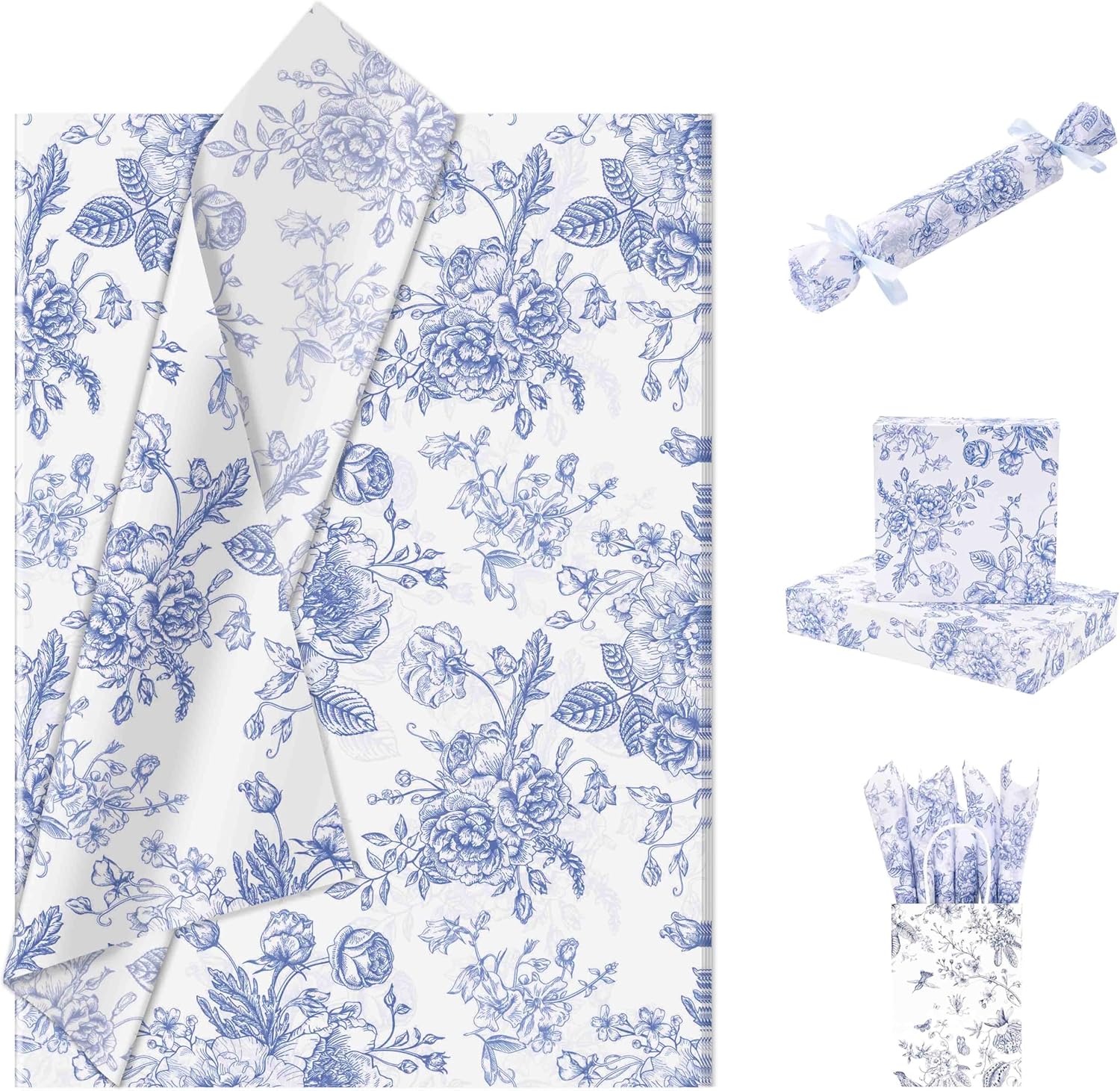 Larcenciel Floral Tissue Paper Bulk, Vintage Blue & White Flower Tissue Paper for Gift Bags, Wrapping, Crafts, Decoupage Art Packing Supplies for Weddings, Birthdays, Holidays Decor, 30 Sheets 20x14in
