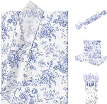 Larcenciel Floral Tissue Paper Sheets, White Blue Tissue Paper for Wrapping Gifts, Vintage Bouquet Wrapping Sheets, Matte Art Gift Wrap for Birthday, Wedding, Anniversarie, Craft, 30 Pcs 50x35CM