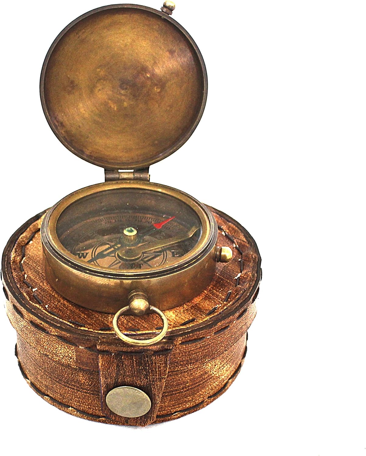 Navigational Compass Marine Brass with Orange Leather Classic Case Magnetic Nautical Instrument Vintage Navigation Tool & Decorative Ornament