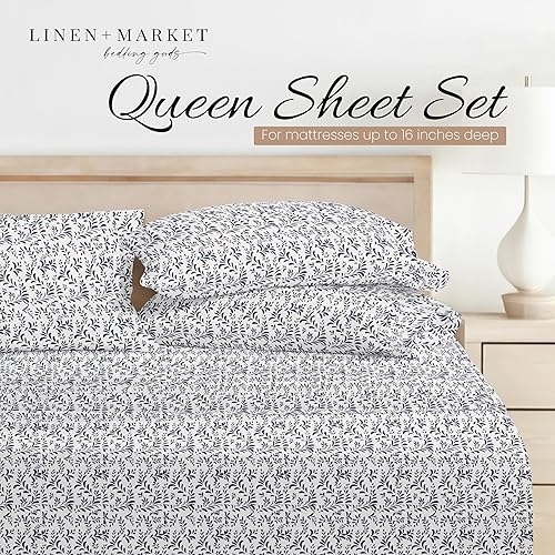 Miniatura 3 de Linen Market Juego de sábanas de tamaño Queen de 4 piezas (plantas de guía, azul marino), duerme mejor que nunca, ultrasuaves y refrescantes, gran