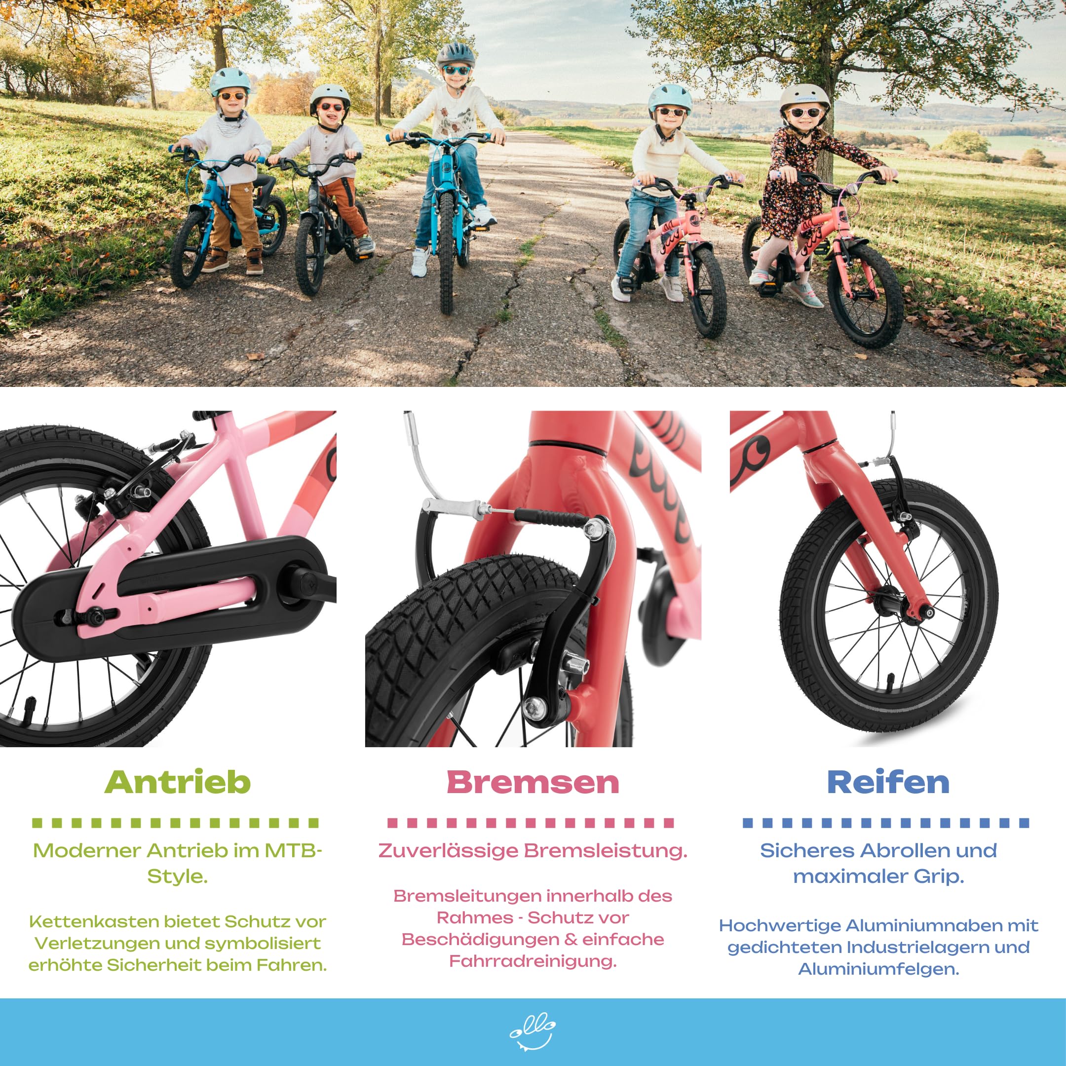 Ollo Adventure Bike 14 Zoll Kinderfahrrad ab 3 Jahre - leichtes Fahrrad für Kinder 95-110 cm - Aluminiumrahmen, kindgerechter Sattel, Bremsen, Schutzbleche, Ständer & Gym Bag