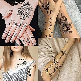 VANTATY 66 Sheets 3D Small Black Temporary Tattoos For Women Men Waterproof Fake Tattoo Stickers For Face Neck Arm Children Flower Birds Star Realistic Tatoo Kits For Boy Girls Adults