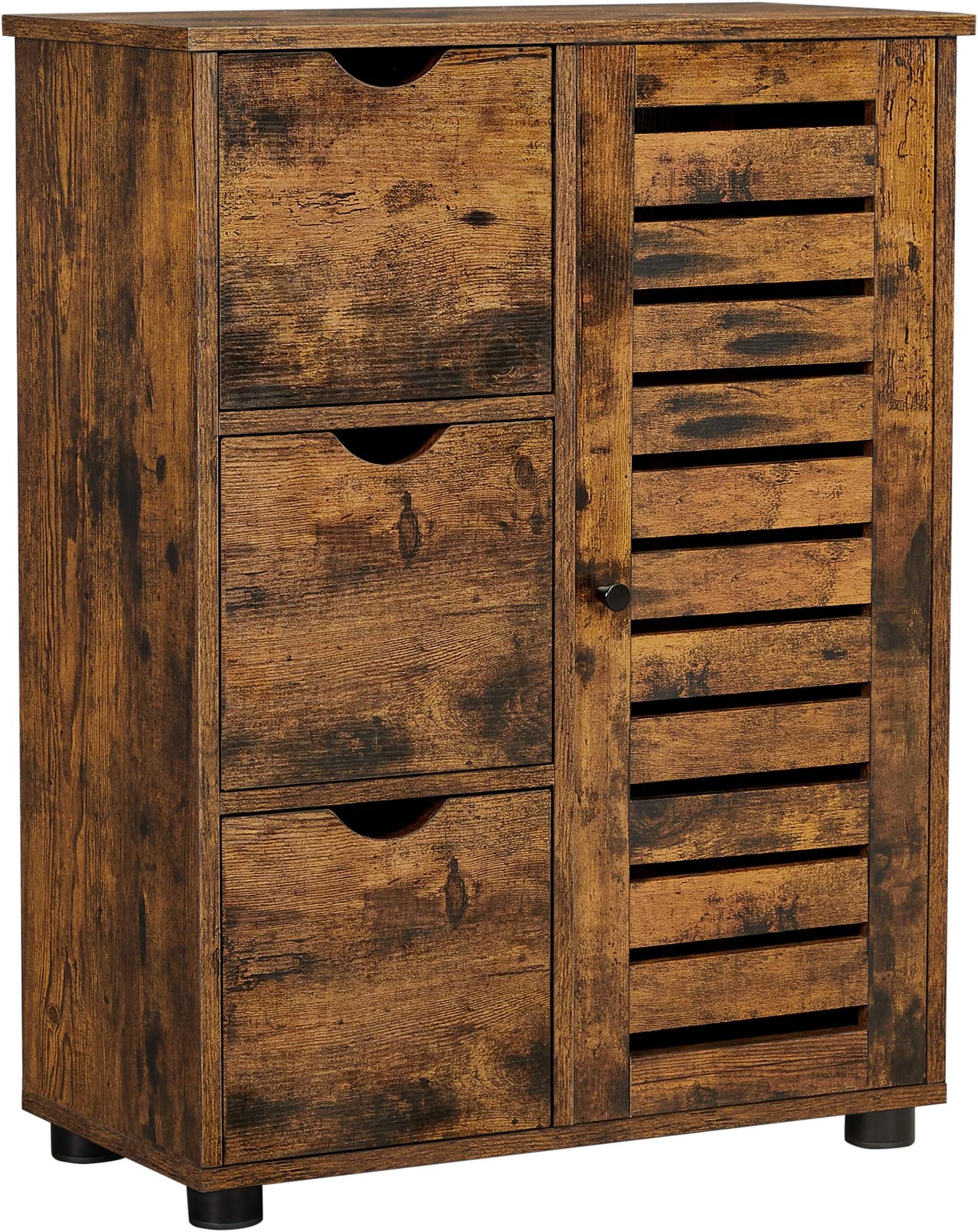 VASAGLE Bathroom Floor Cabinet, Wooden Storage Unit with 3 Drawers, Single Door with 2 Adjustable Shelves, for Living Room, Kitchen, Entryway, Rustic Brown BBK143X01