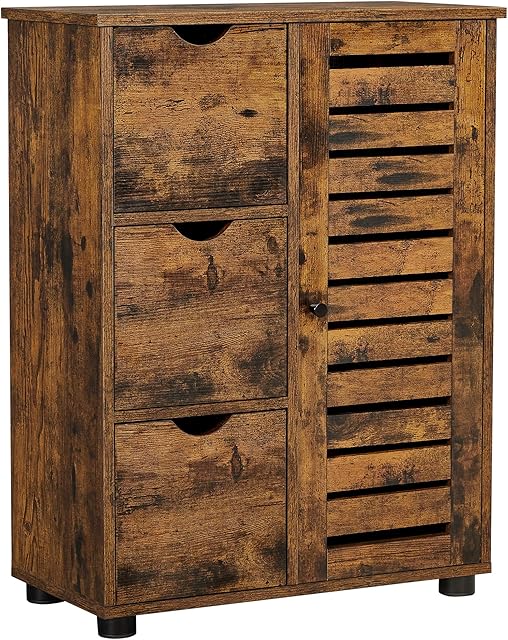 VASAGLE Bathroom Floor Cabinet, Wooden Storage Unit with 3 Drawers, Single Door with 2 Adjustable Shelves, for Living Room, Kitchen, Entryway, Rustic Brown BBK143X01