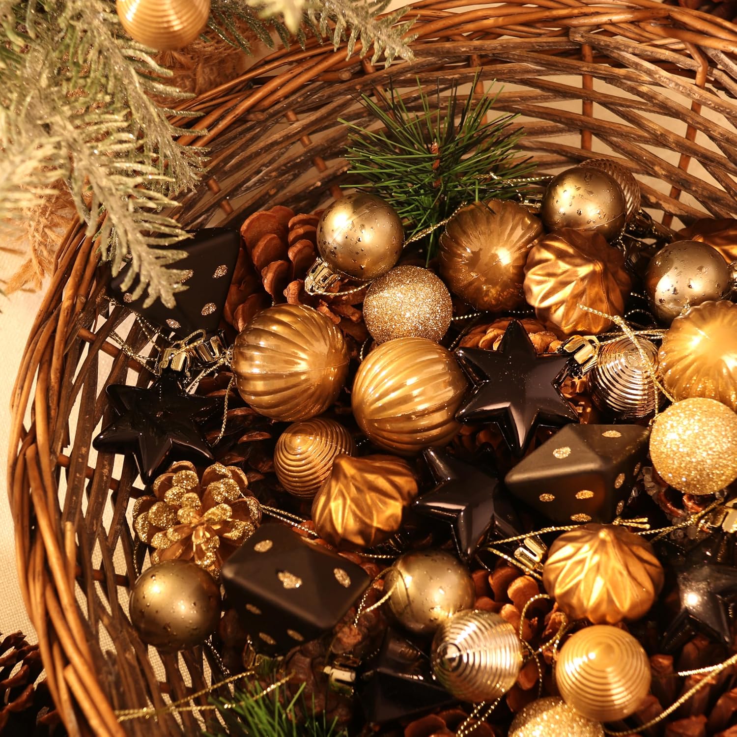 DecorbyHannah 45ct Mini Christmas Ornaments Set Tree Decorations Black Gold