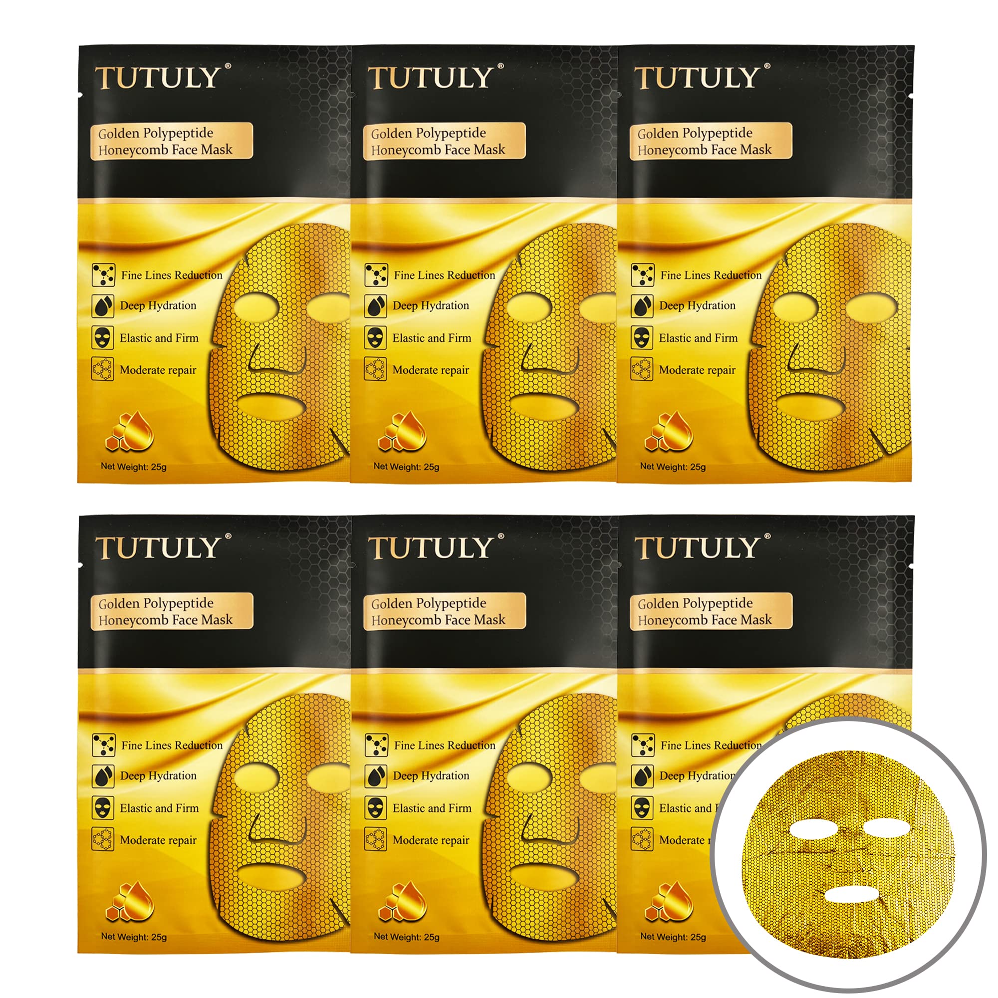 Advanced Golden Face Mask - Multiple Peptides, Coffee Extract - Anti-wrinkle, Improve Slack Skin, Anti-aging, Boost Collagen - 6 Sheets