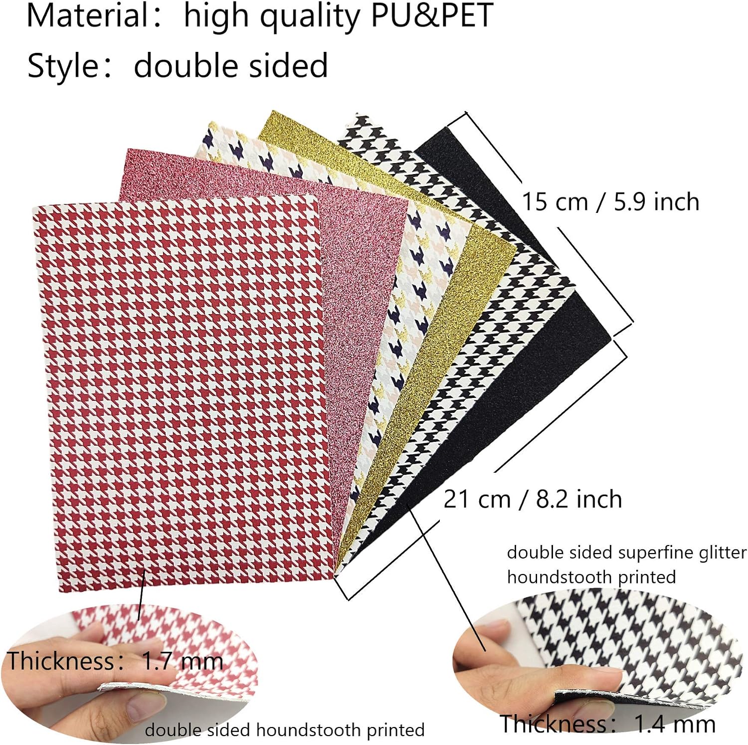 AOUXSEEM 6 Pcs Double Sided Faux Leather Sheets for Earrings Jewelry Making, A5 Size Printed Superfine Glitter Thick Synthetic Vinyl Fabric Bundle for DIY Crafts(8.2 x 5.9 inch) (Houndstooth)
