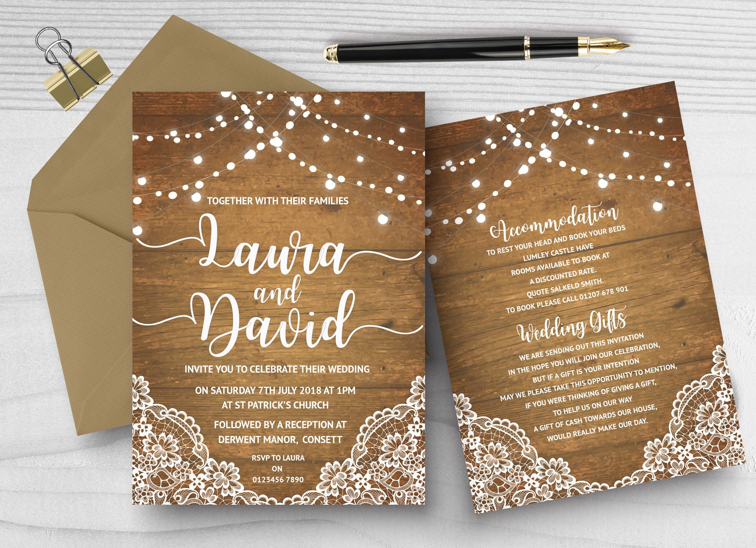 10 Personalised Wedding Invitations/Invites or Evening Invitations Invites Double Sided with Choice of Colour Envelopes