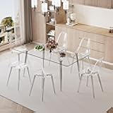 Baysitone 63 inch Rectangle Glass Dining Table Set for 6, Tempered Glass Tabletop Dining Table with 6 Silver Plating Metal Legs, Clear Dining Chairs with Silver Metal Legs, for Dining Room Kitchen