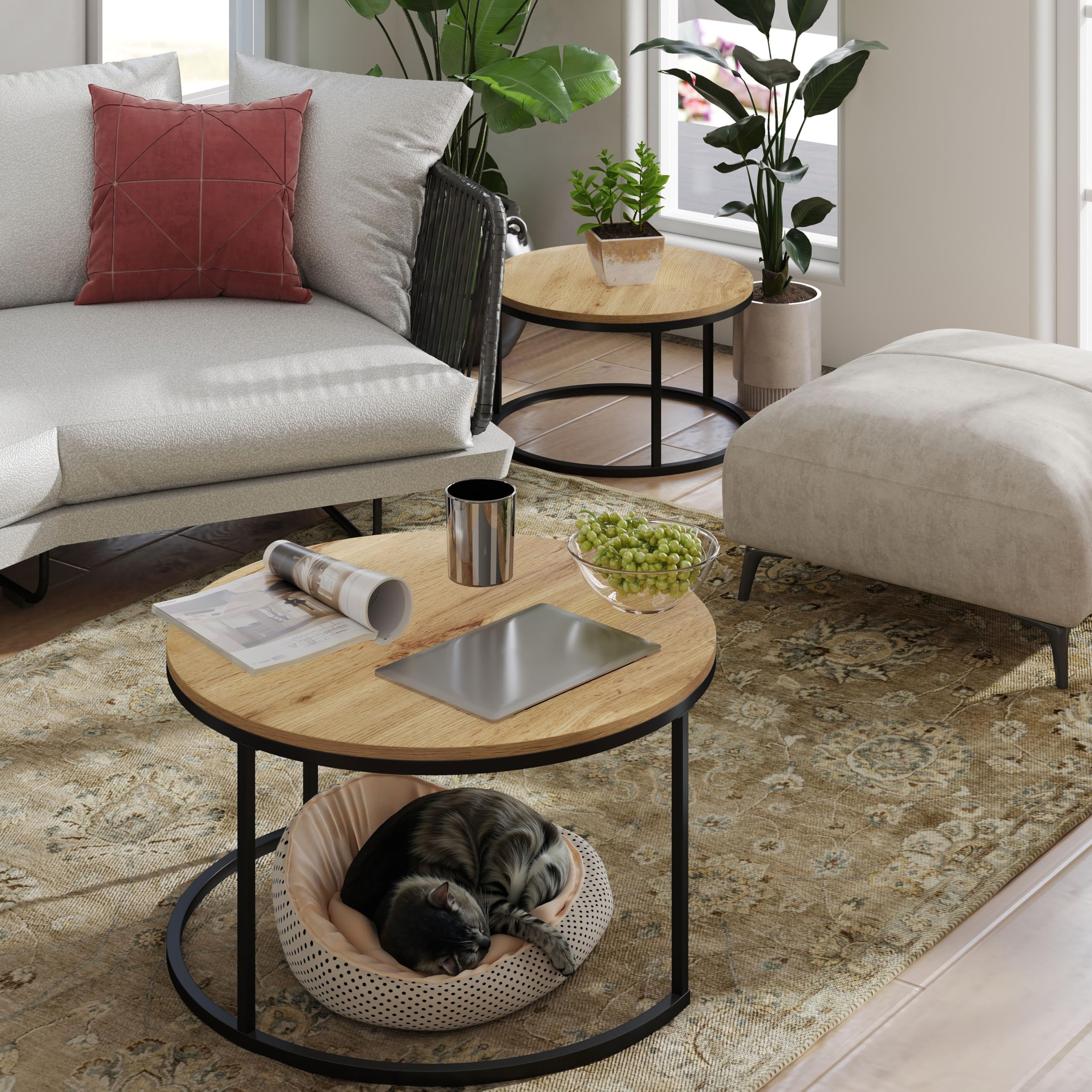 Mesa de Centro Redonda Juego de 2 Mesas Nido 70/50 cm con Tablero Madera y Estructura Metálica Negra, Mesa Auxiliar Moderna para Salón