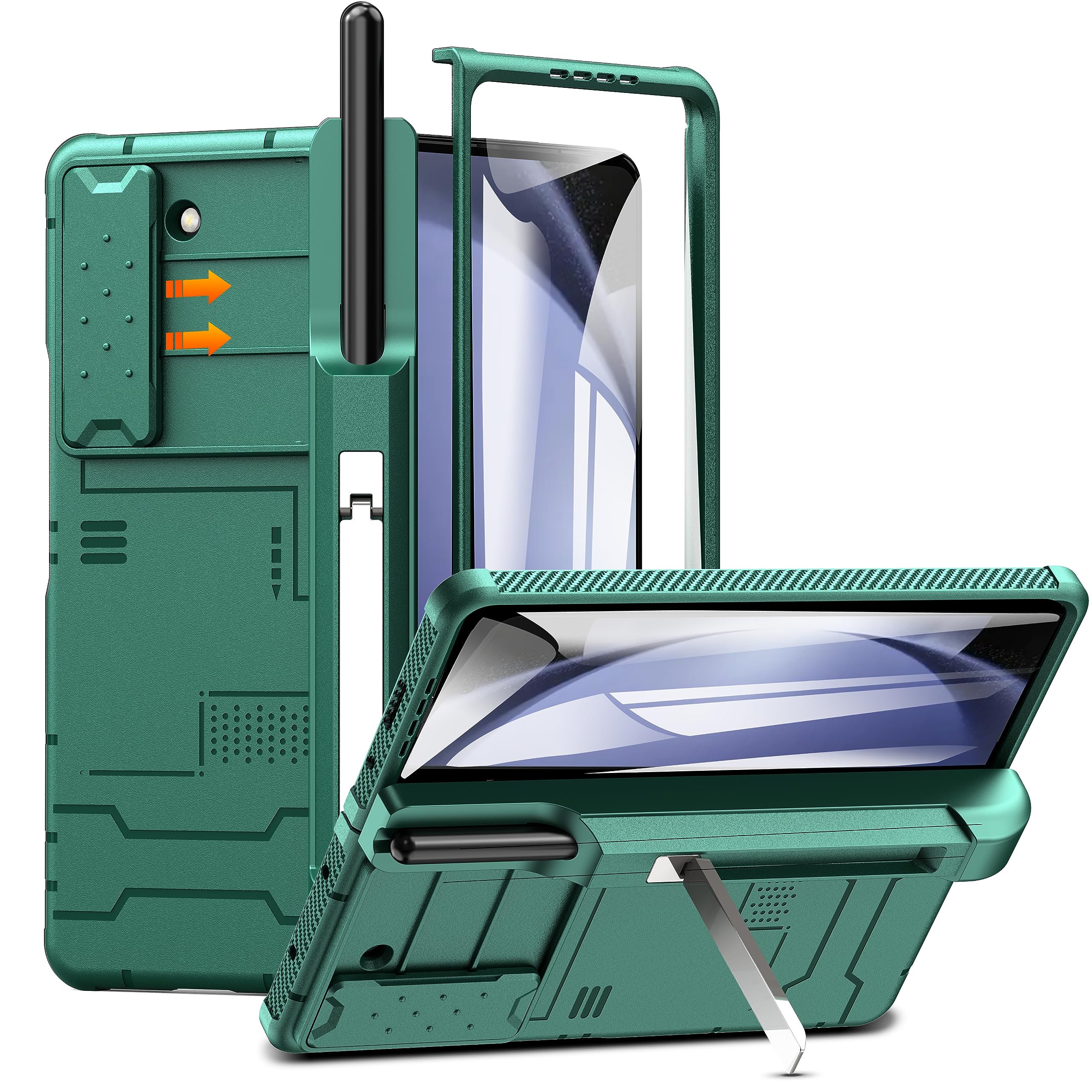 Galaxy Z Fold 5 Case (2023) with Hinge Protection Build-in Front Screen Protector, Camera Cover, Pen Holder, Kickstand Hard PC Protection Cover for Samsung Galaxy Z Fold 5 (Green)