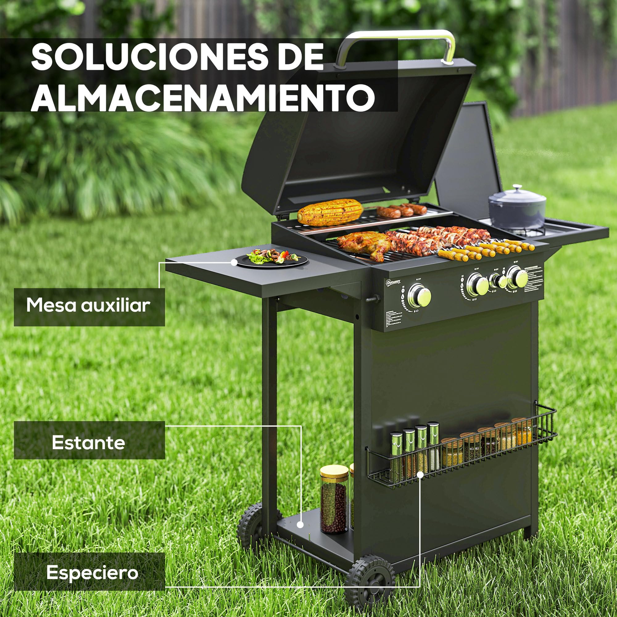 Outsunny Barbacoa de Gas BBQ Gas con 3+1 Quemadores 8,5 kW Barbacoa Portátil con Mesa Lateral Parrilla Termómetro 2 Ruedas Recogedor de Grasa para Exterior Jardín Camping Negro