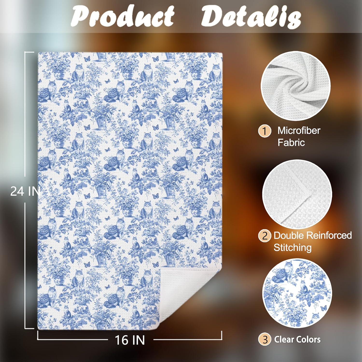 Chinoiserie Maine Coon Kitchen Towels,Cat Gifts for Women,Blue and White Cat Floral Decorative Hand Towels for Kitchen Bathroom,16x24 Inch - Image 2