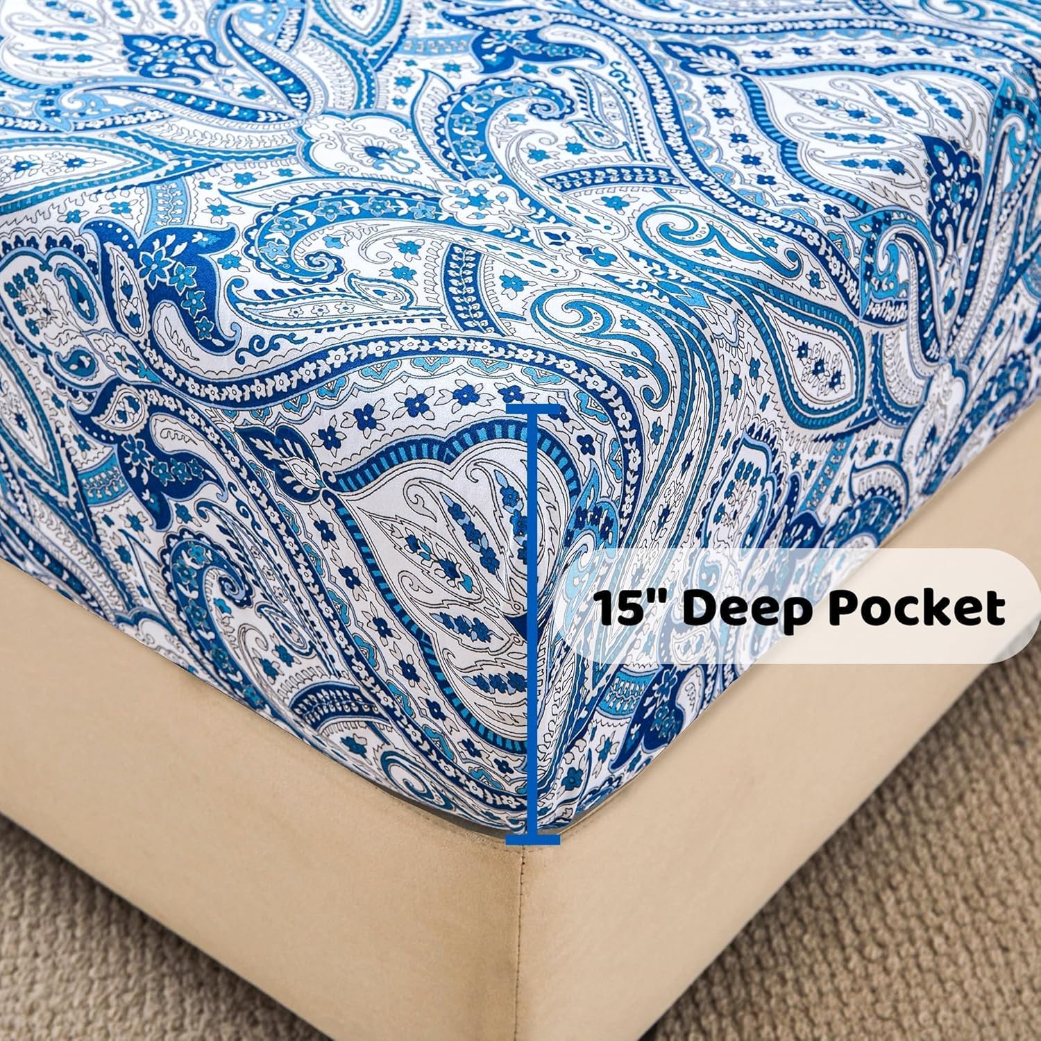Softan Blue Paisley Printed Queen Size Sheet Set, Blue Floral Sheets Queen, Cozy Microfiber Fitted Sheet with 15" Deep Pocket & Non-Slip Straps, Flower Patterned Sheets & Pillowcase Sets - Image 4