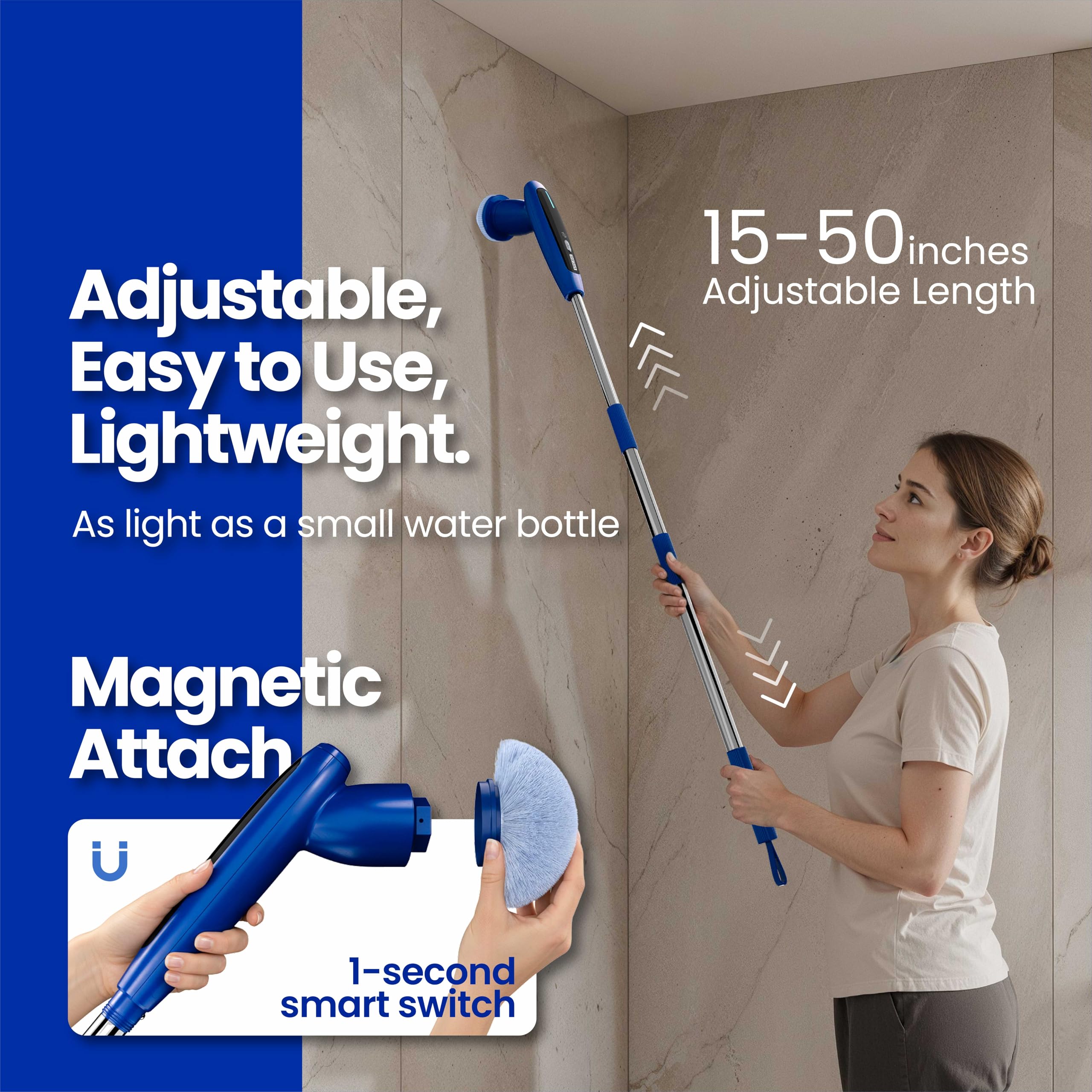 Limpiador giratorio eléctrico 8 en 1, cepillo de limpieza eléctrico inalámbrico totalmente impermeable con pantalla LED, 2 ajustes de velocidad, mango de extensión para baño, bañeras, ducha
