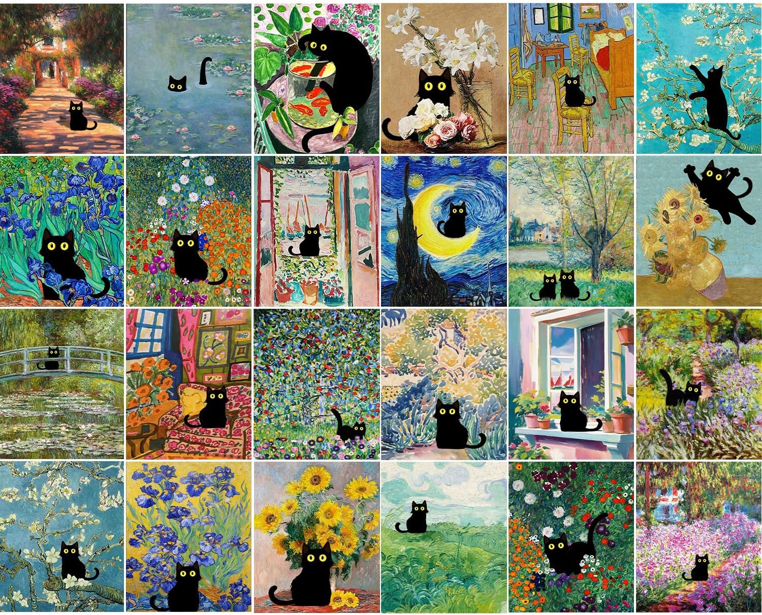 GOUOYANA Diamond Art Kits for Adults and Beginners - 24pcs, 5D Round Diamond Digital Painting Kit, DIY Black Cat Diamond Art Painting, Matisse Van Gogh Living Room Bedroom Decoration (11.8 x 9.8 inch)