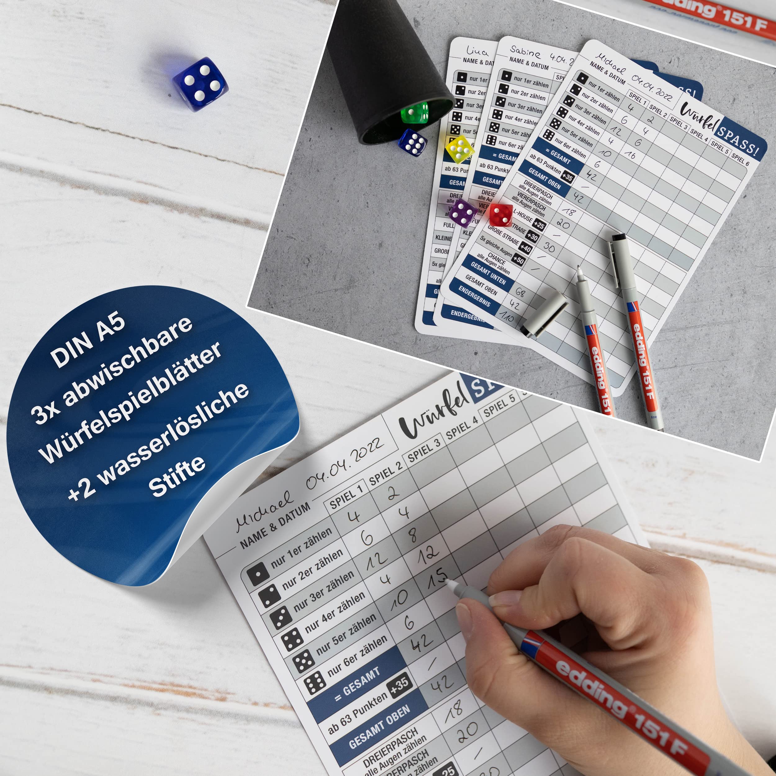 Bloc de juego de dados DIN A5, bien legible y claramente diseñado, moderno bloque de repuesto, también adecuado para personas mayores y niños, juego familiar (2 unidades azules Bloc de juego de dados DIN A5, bien legible y claramente diseñado, moderno bloque de repuesto, también adecuado para personas mayores y niños, juego familiar (2 unidades azules